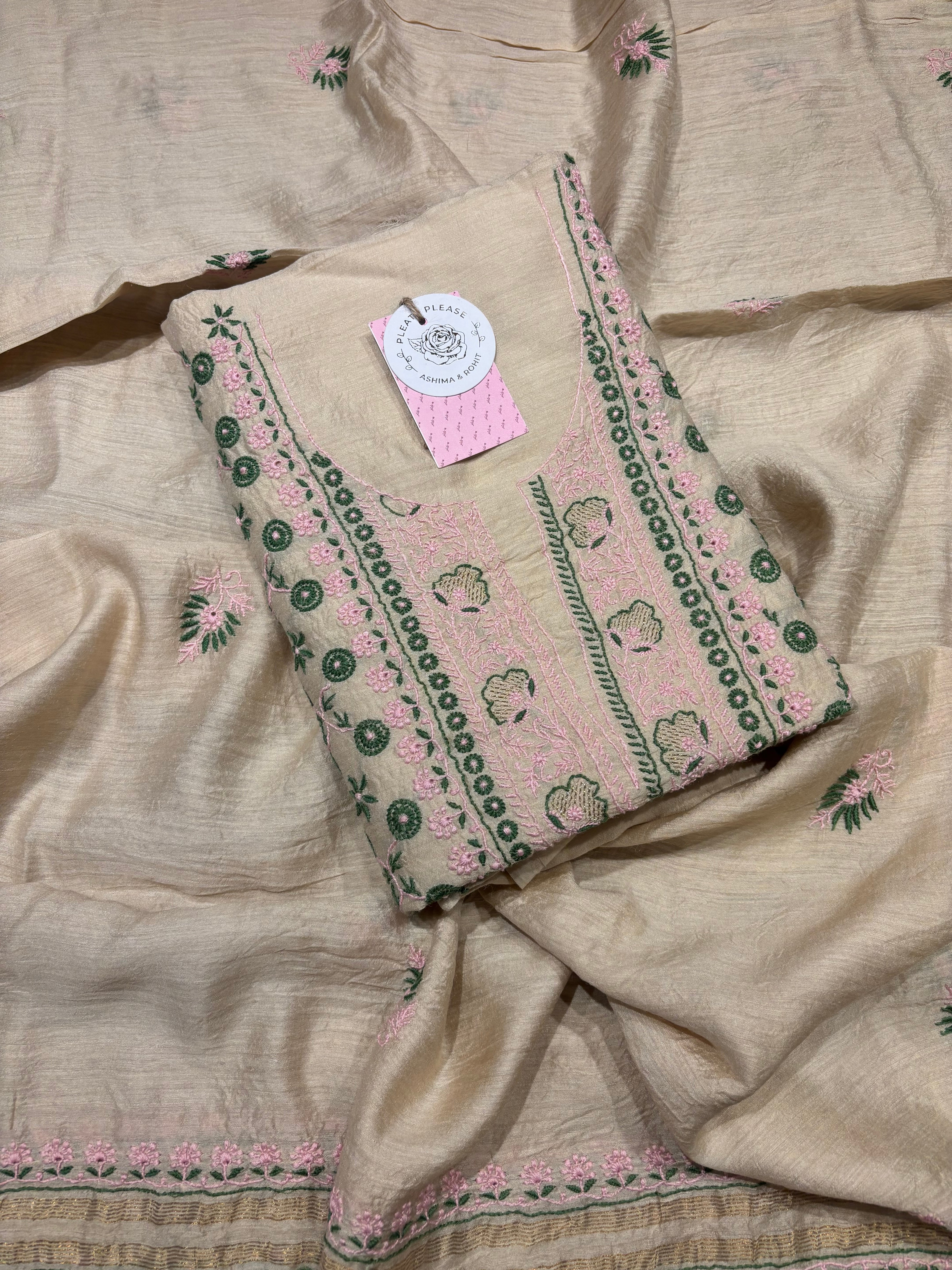 Dyeable Pure and Premium Monga Silk Chikankari Kurta and Dupatta Fabric