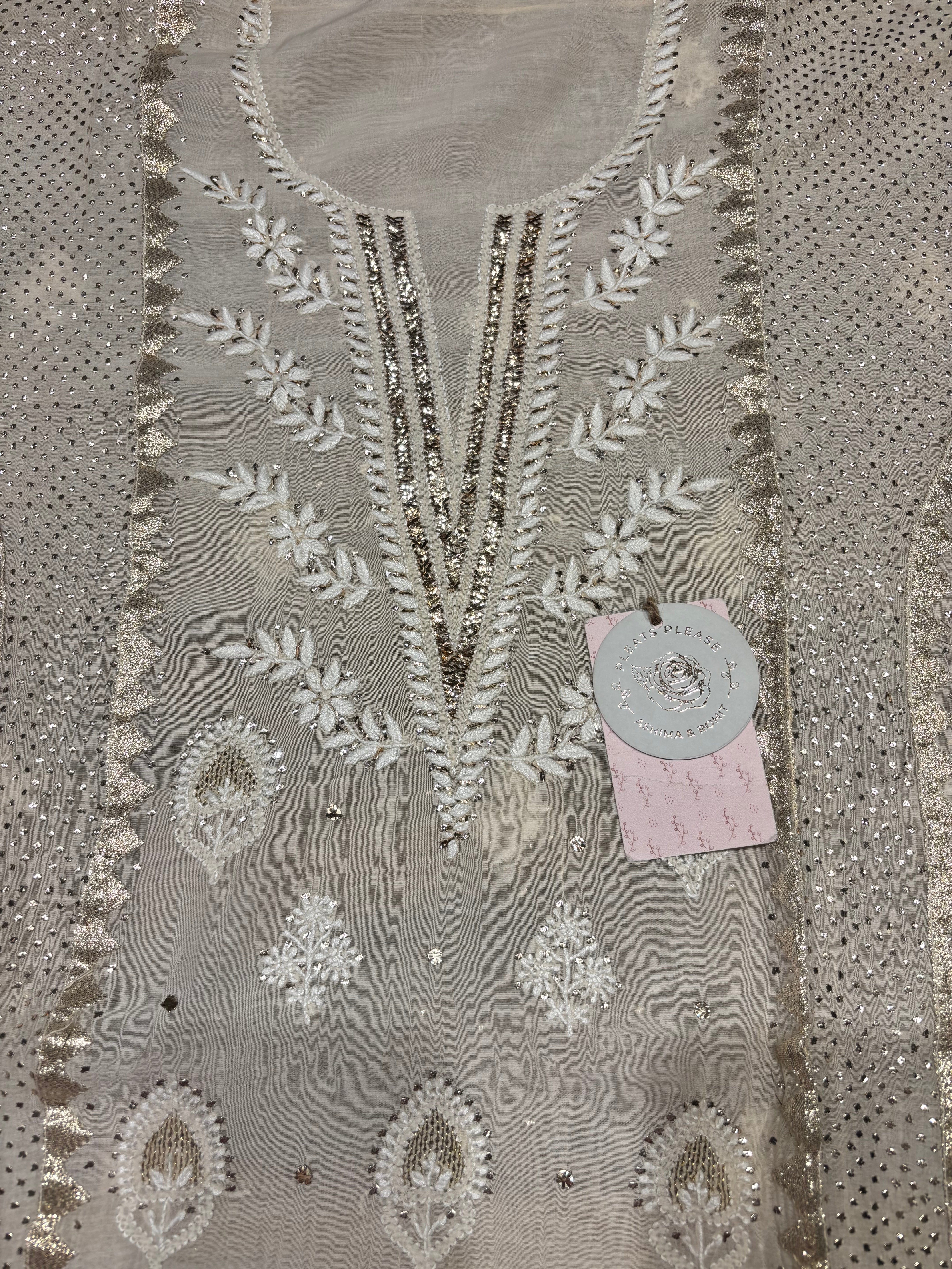 Off White Chanderi Mul Chikankari & Mukaish Kurta & Dupatta Set