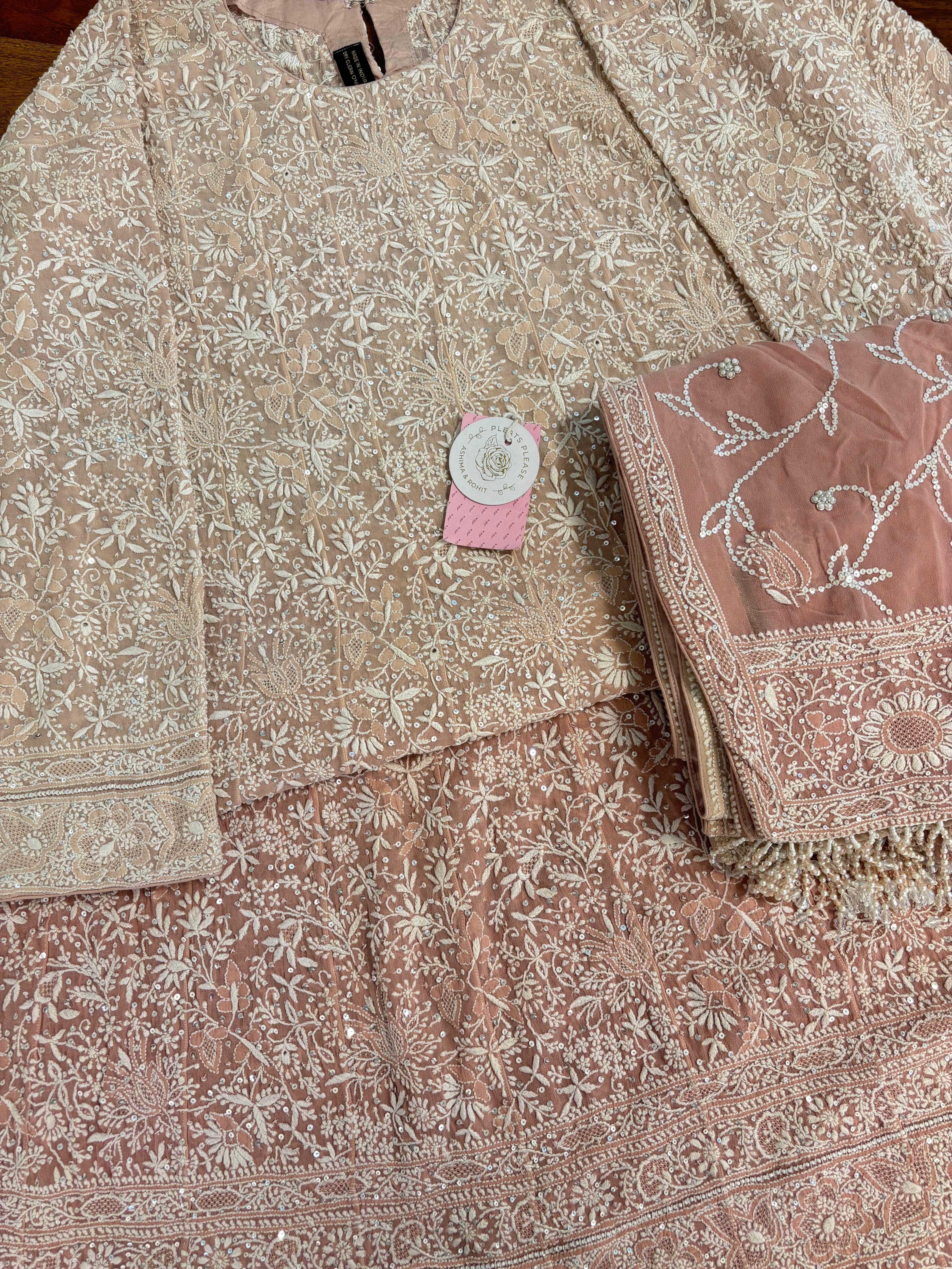 Old Rose Ombre Pure & Premium Georgette Chikankari A-line Anarkali