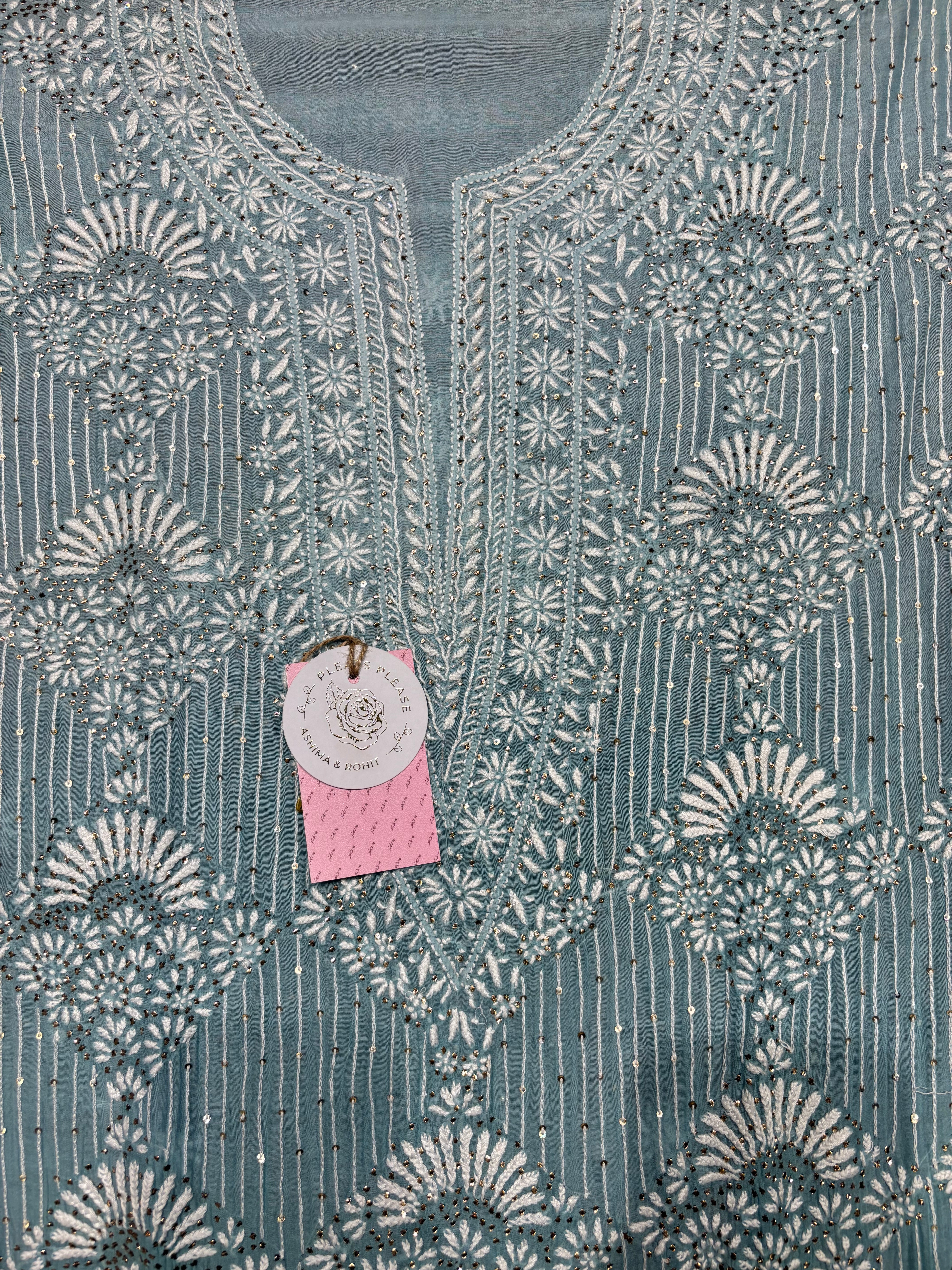 Sea foam Ombre Chanderi Mul Chikankari & Mukaish Kurta and Dupatta Set