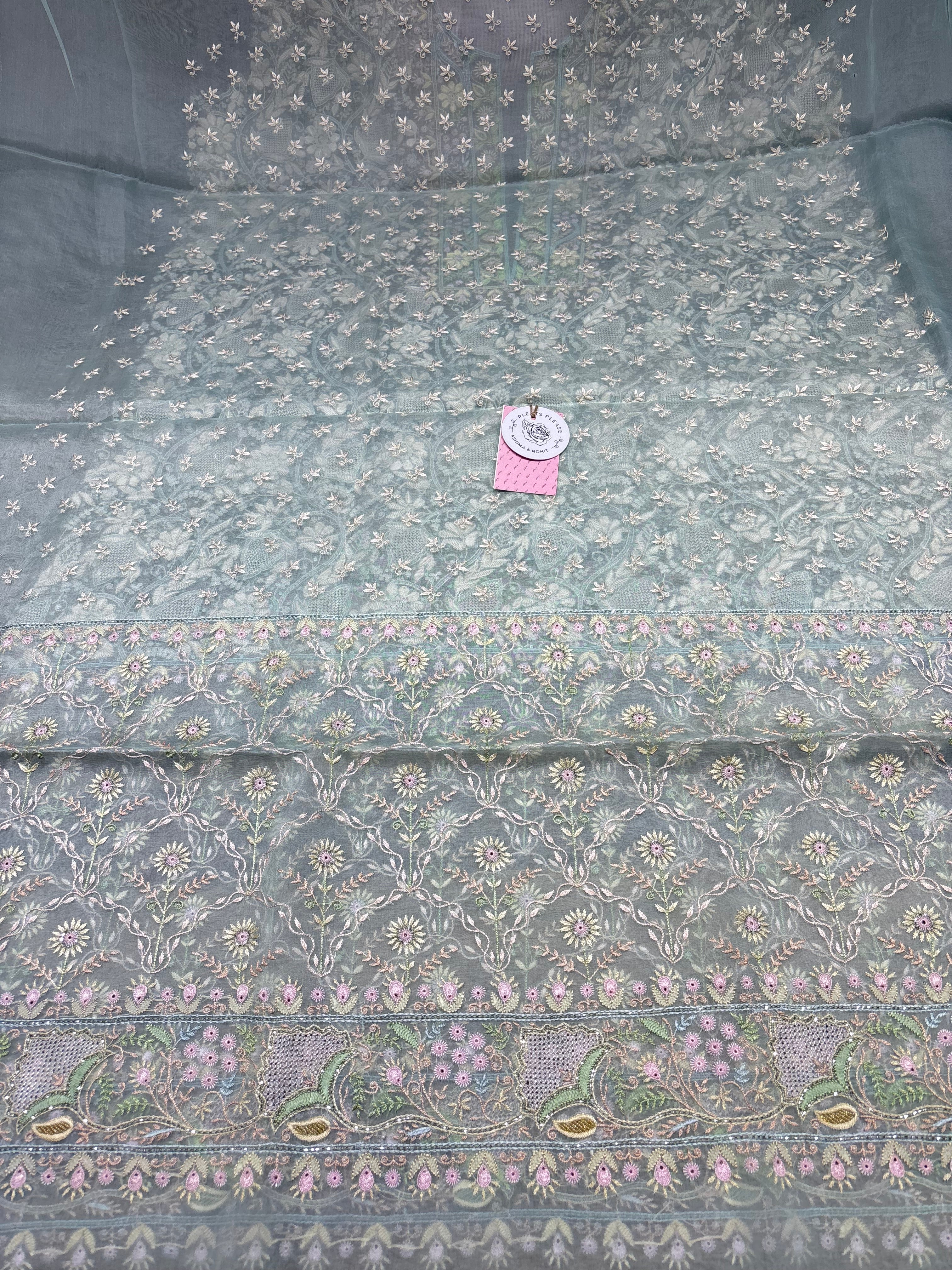 Sea Foam Pure & Premium Organza Silk Chikankari Kurta & Dupatta Fabric