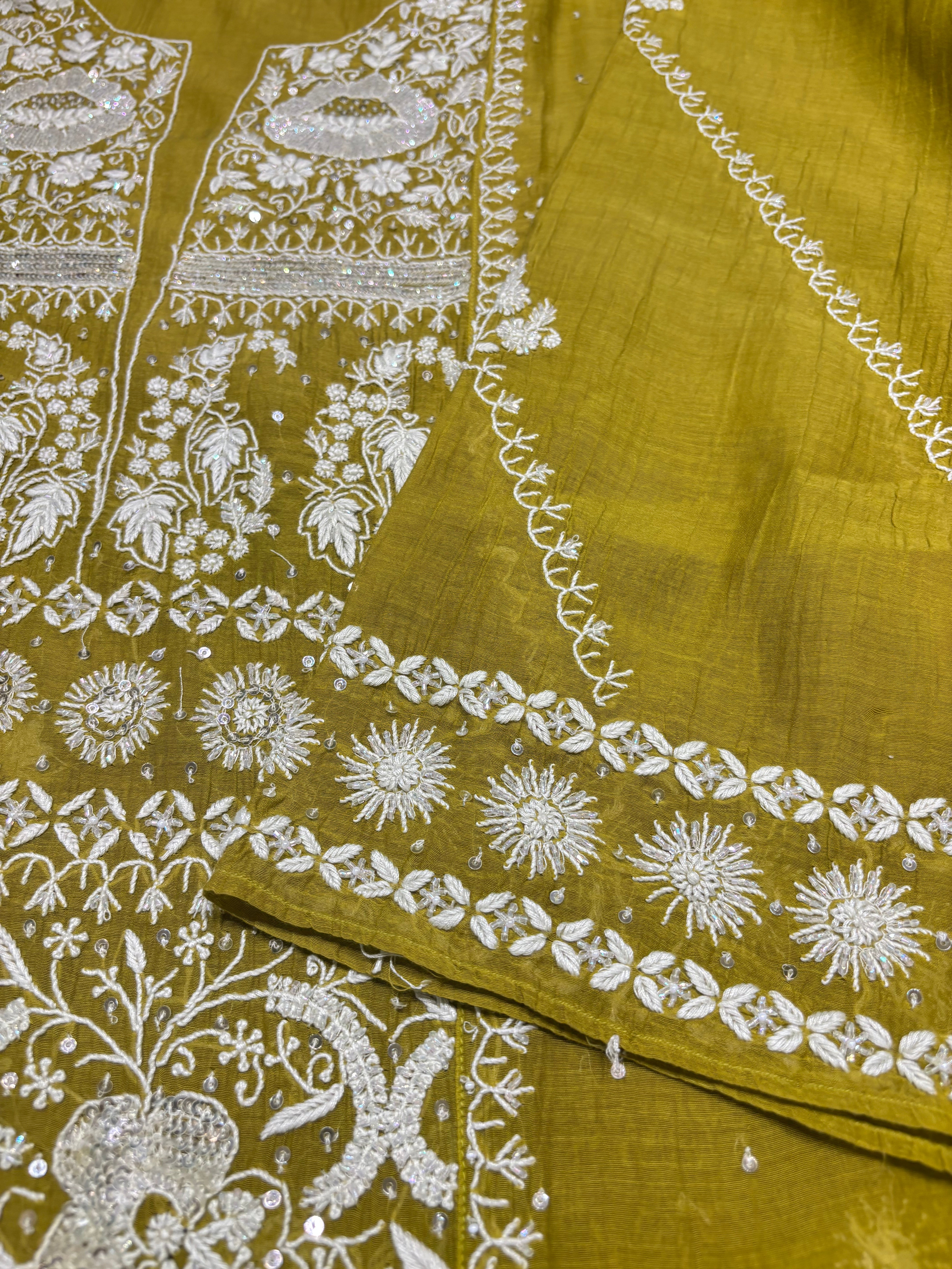 Olive Green Chanderi Mul Chikankari Kurta and Dupatta