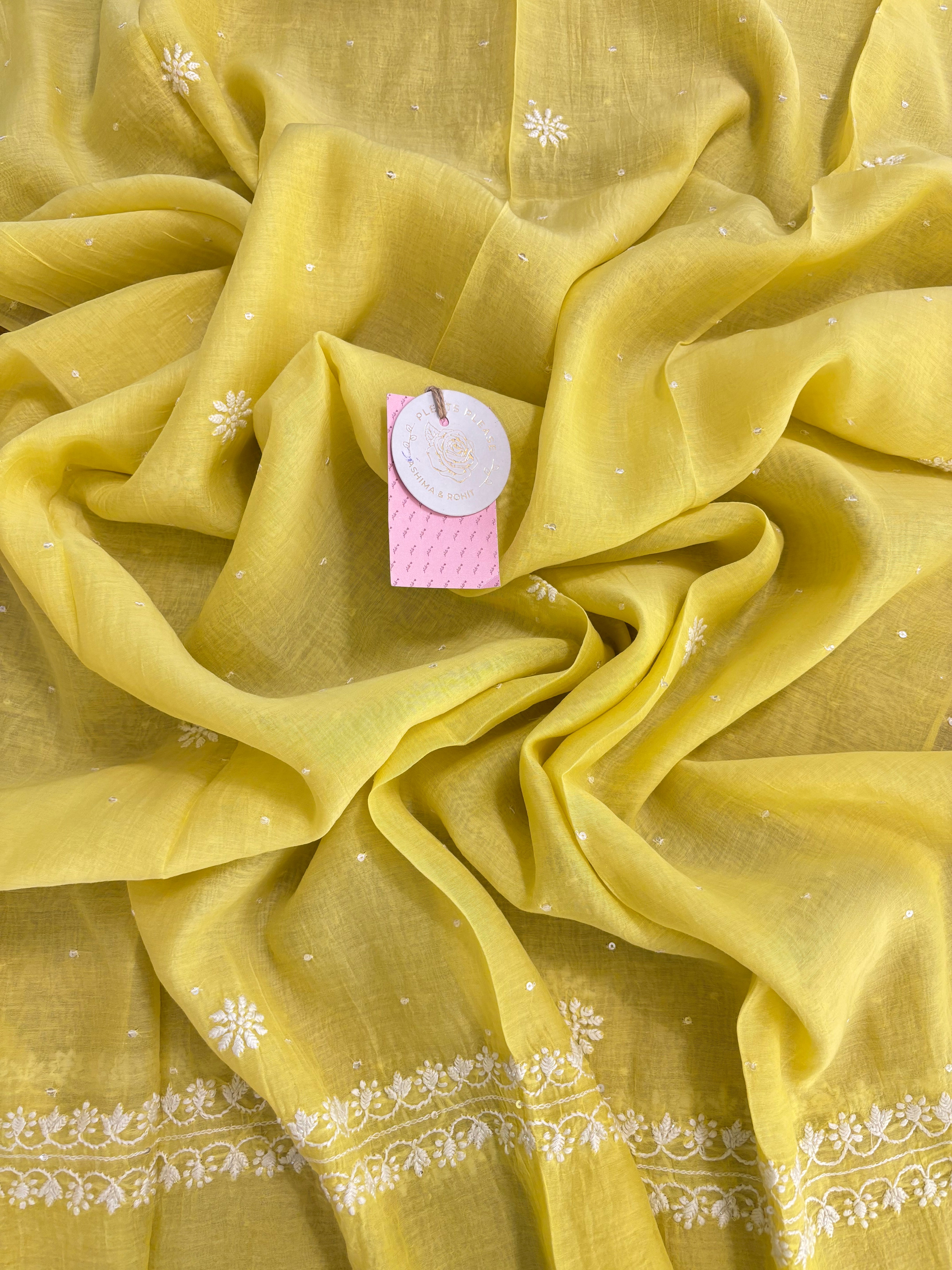 Lemon Yellow Chanderi Chikankari Kurta & Dupatta