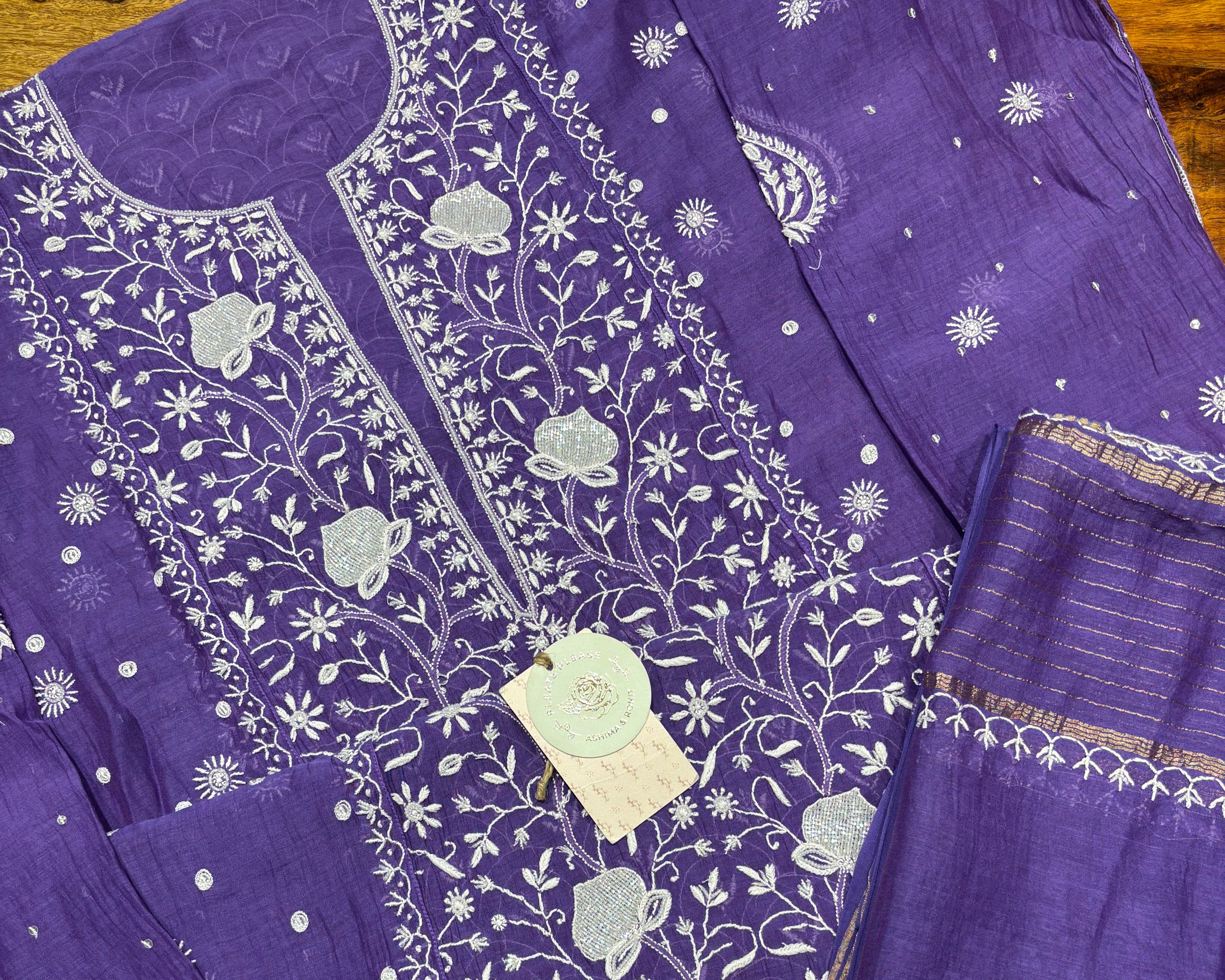 Purple Chanderi Mul Chikankari Kurta & Dupatta Set
