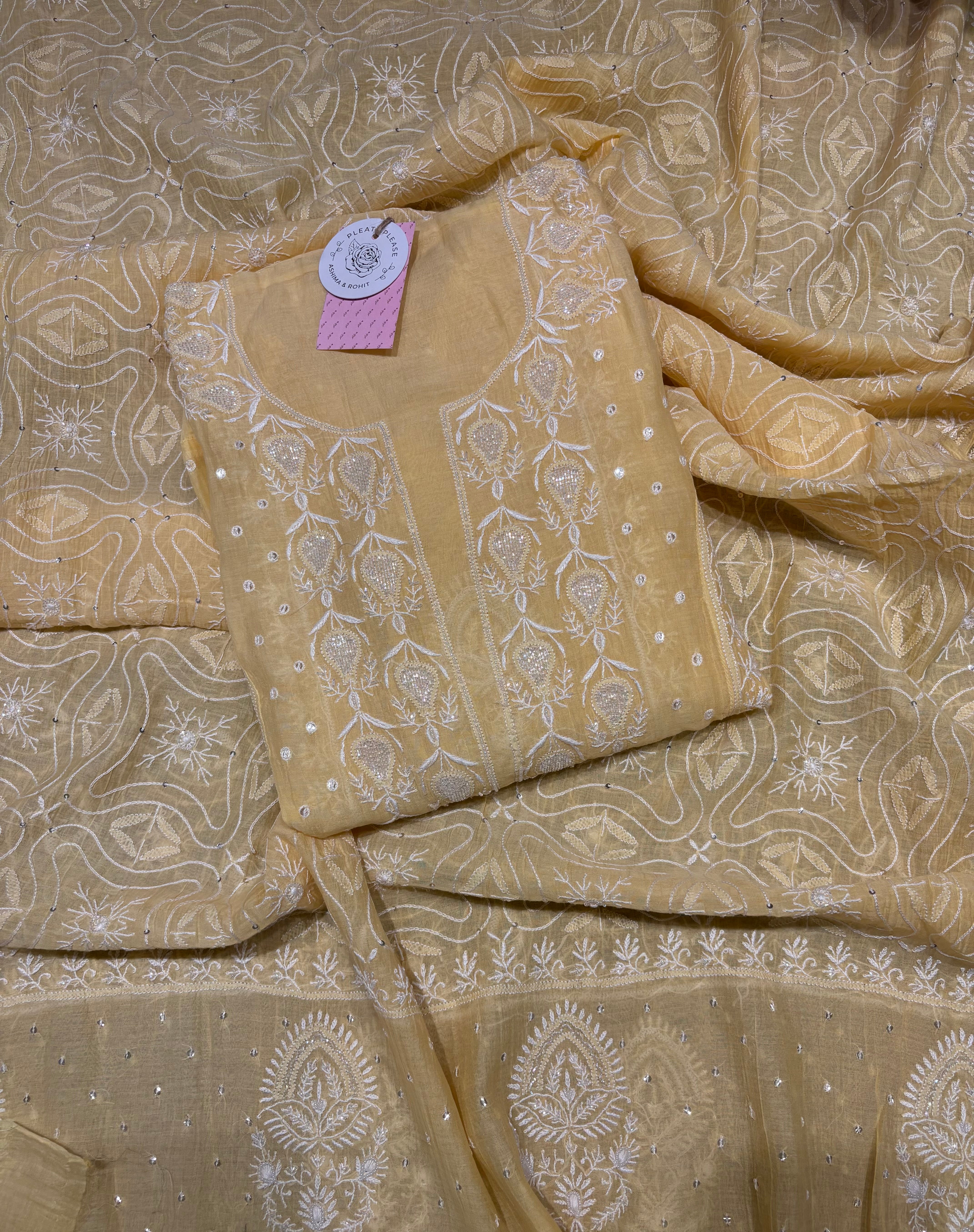 Butter Yellow Chanderi Mul Chikankari Kurta & Dupatta Set