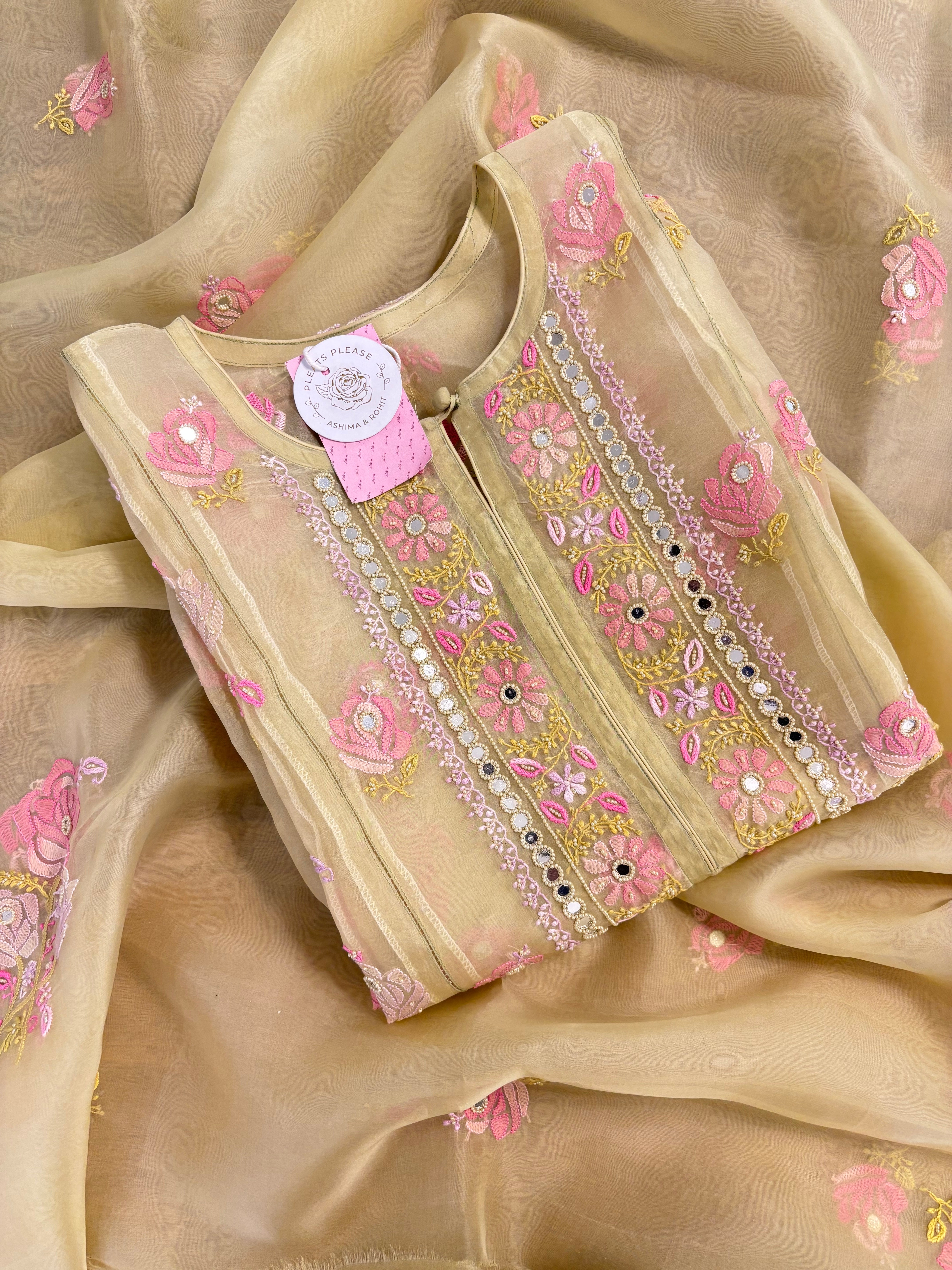 Champagne Gold Pure Organza Silk Chikankari Kurta & Dupatta