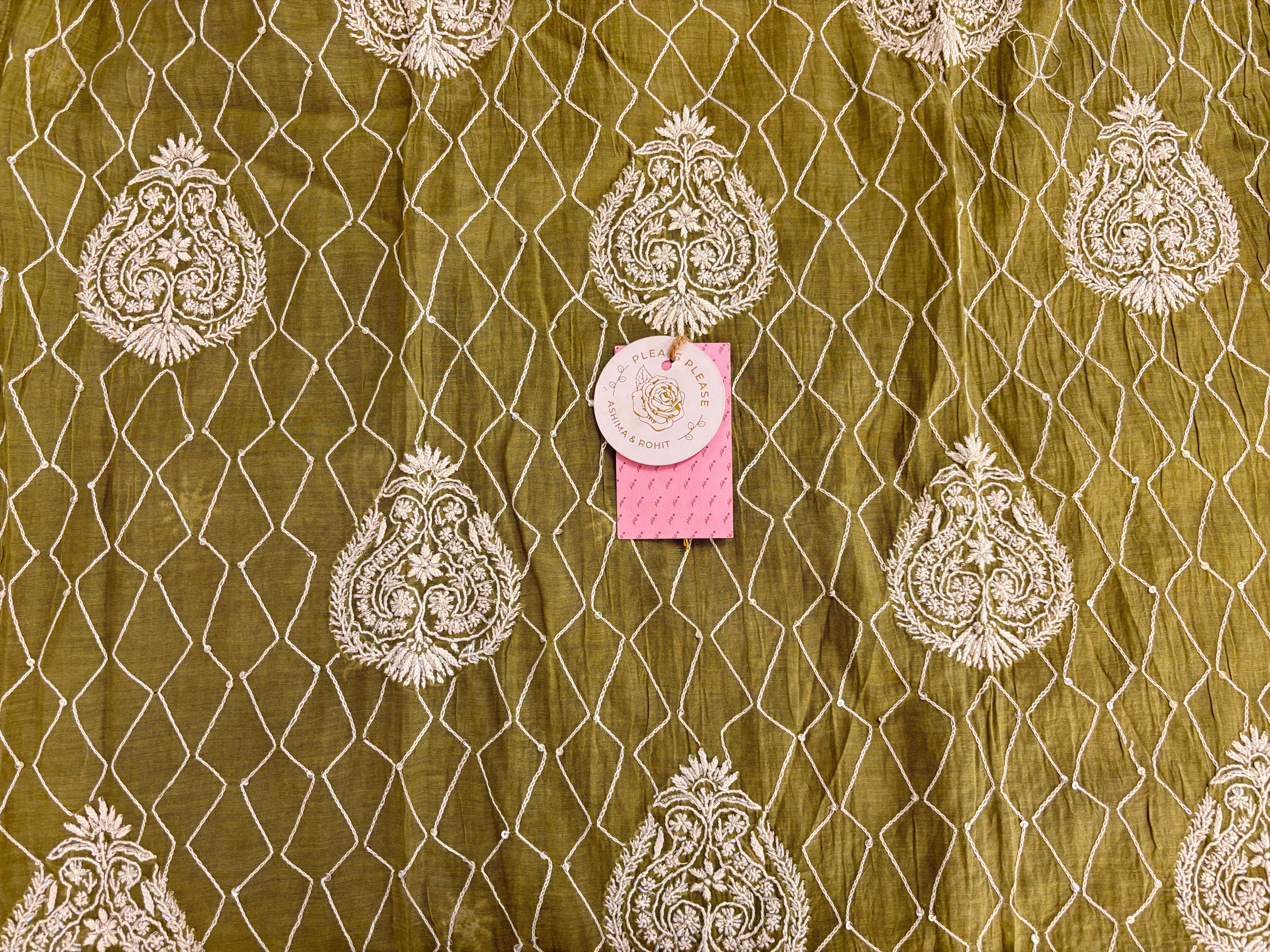 Olive Green Chanderi Mul Chikankari Kurta & Dupatta