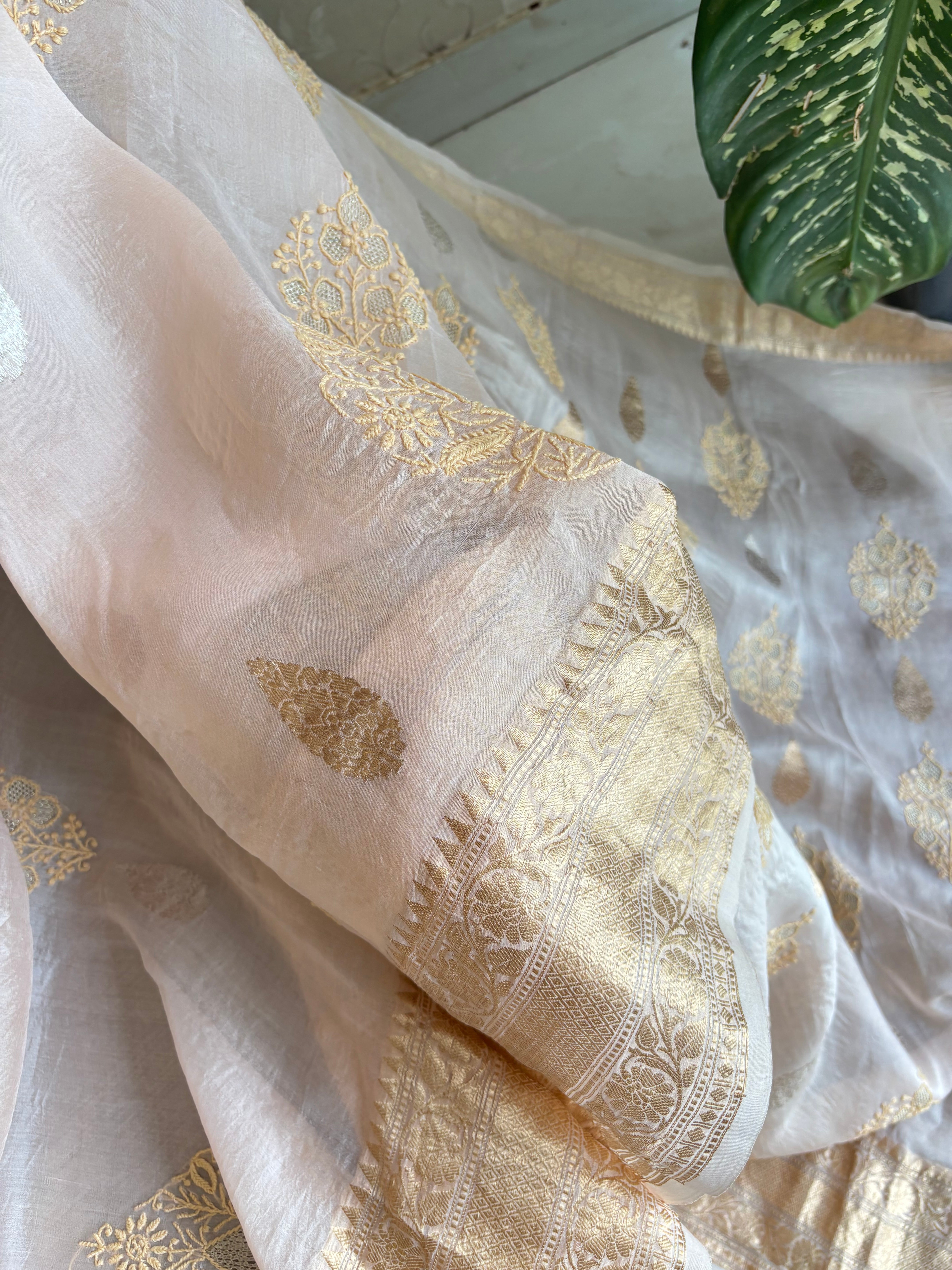 Rose Gold organza Kora Silk Chikankari Saree and Blouse