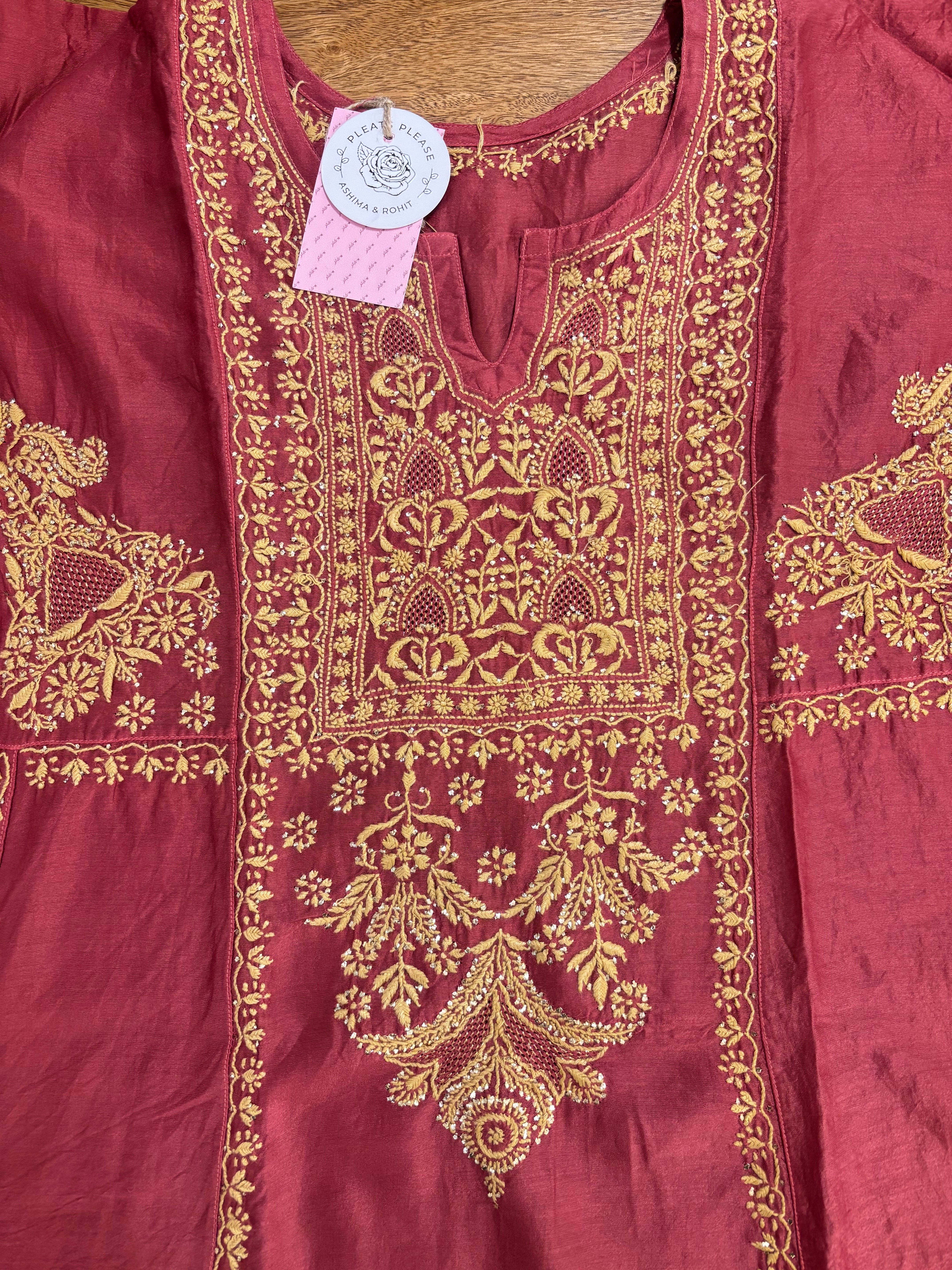 Maroon Chanderi Silk A-line Chikankari Mukaish Kurta & Dupatta Set