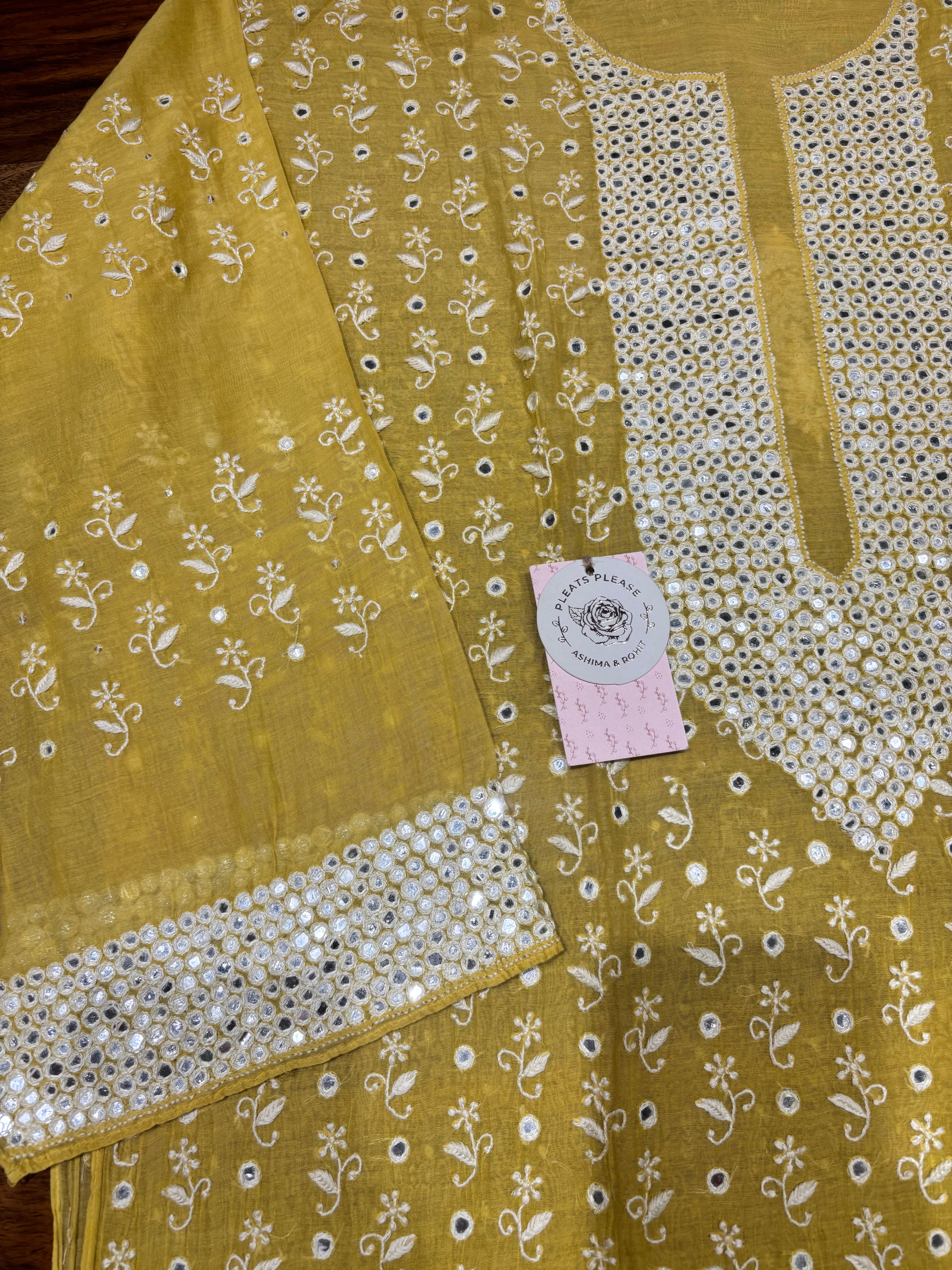 Yellow chanderi Mul Chikankari Kurta and Dupatta Set
