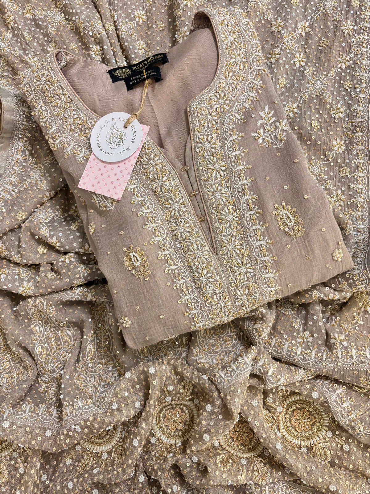 Taupe-Brown Pure & Premium Tissue Chikankari Kurta, Dupatta With Bottom