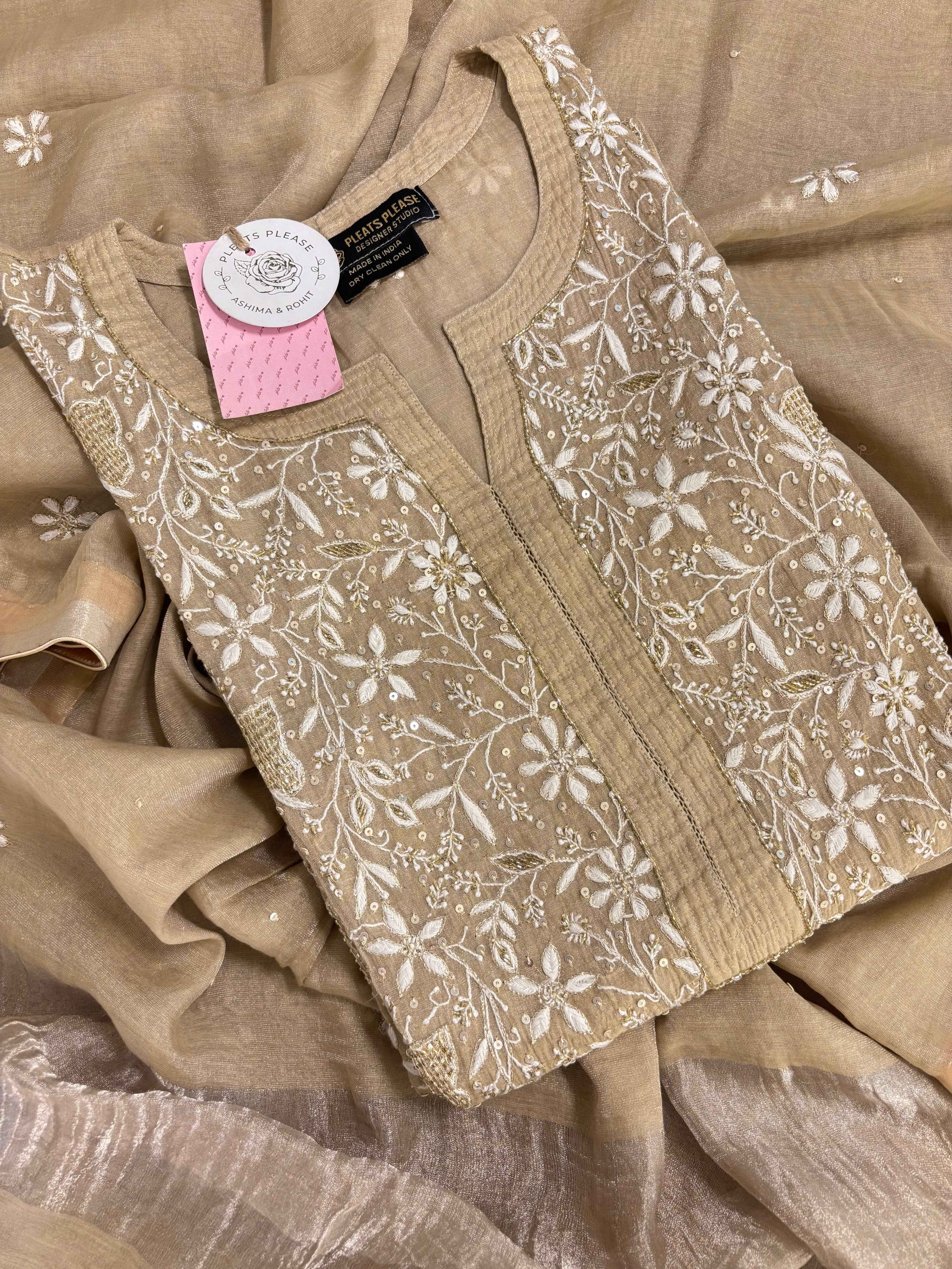 Beige Pure Tissue Chikankari Kurta & Dupatta