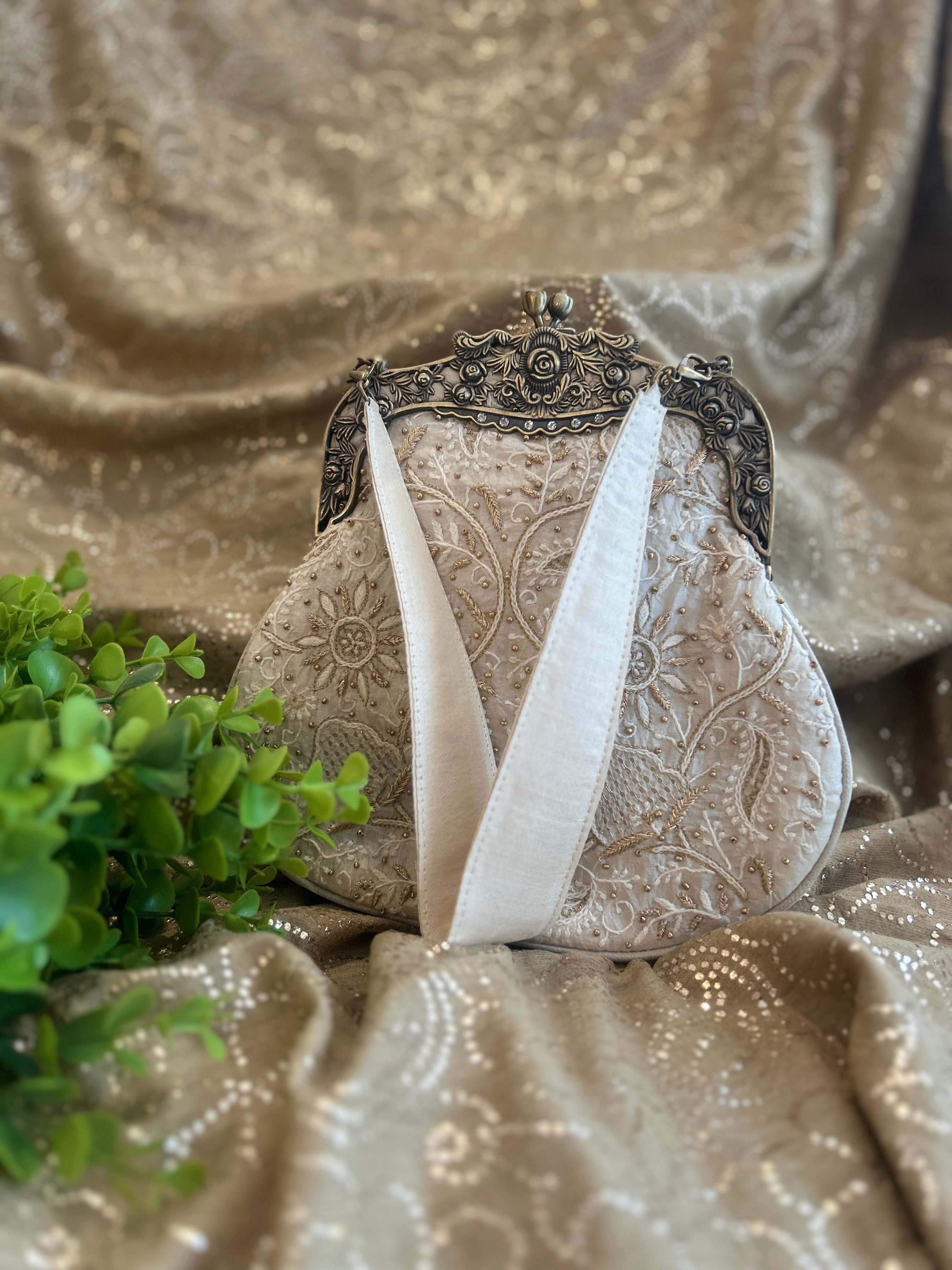 Ivory Chikankari Clutch Bag