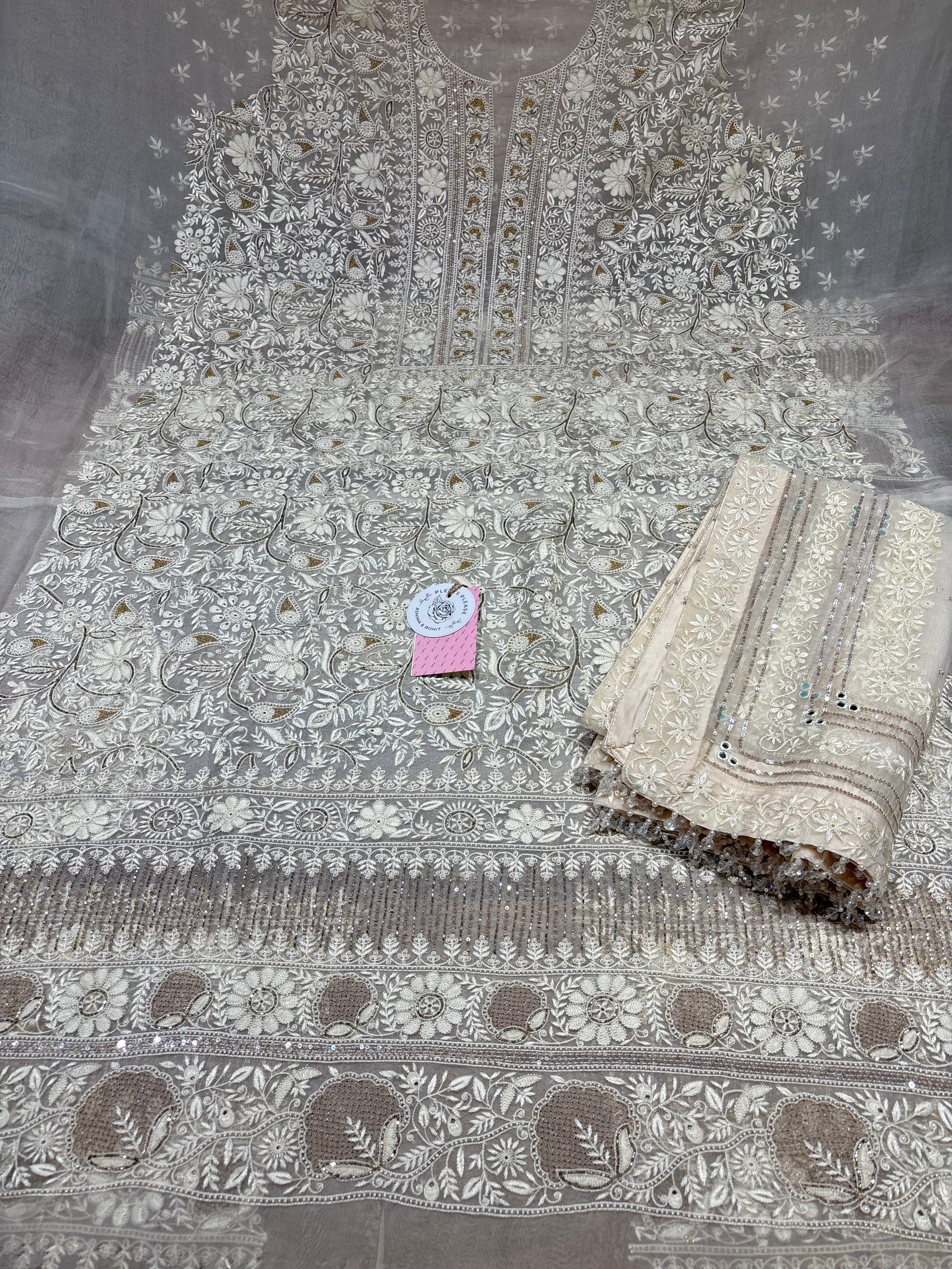 Ivory Pure & Premium Organza Silk Chikankari Kurta & Dupatta Fabric
