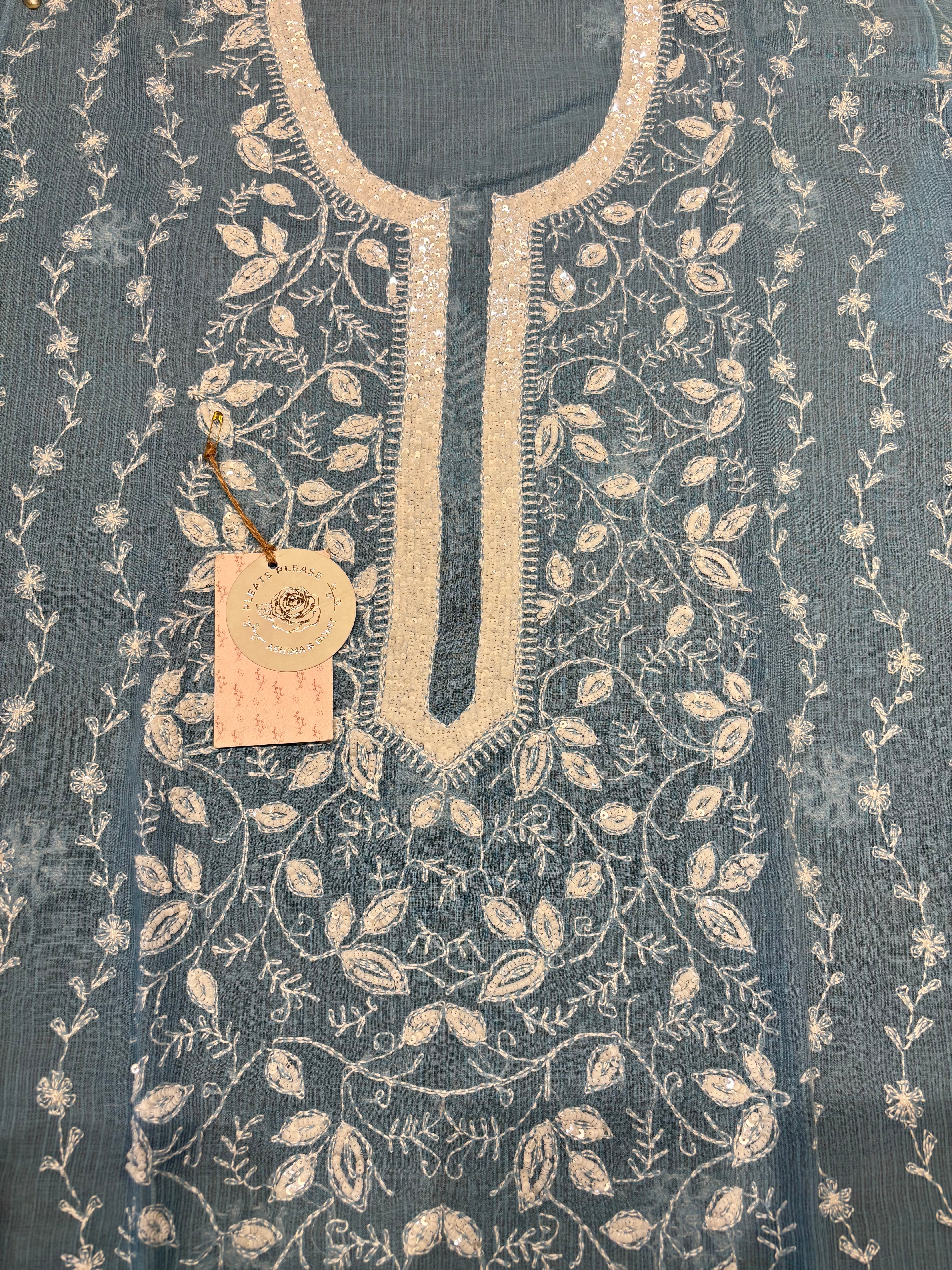 Blue Kota Doria Chikankari Kurta And Dupatta Set