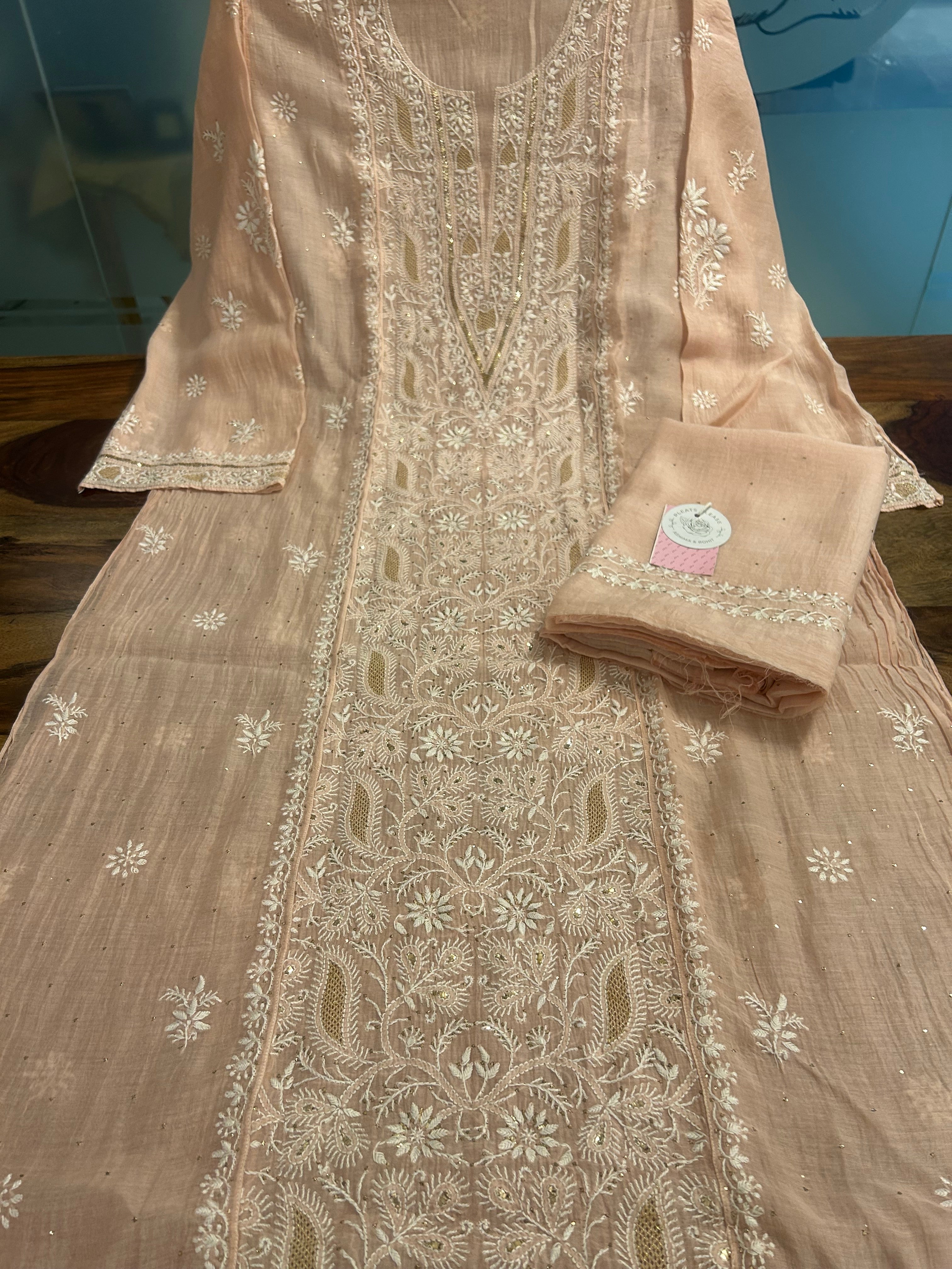 Dusty peach Chanderi Chikankari Mukaish Kurta & Dupatta - Pleats PleaseChikankari