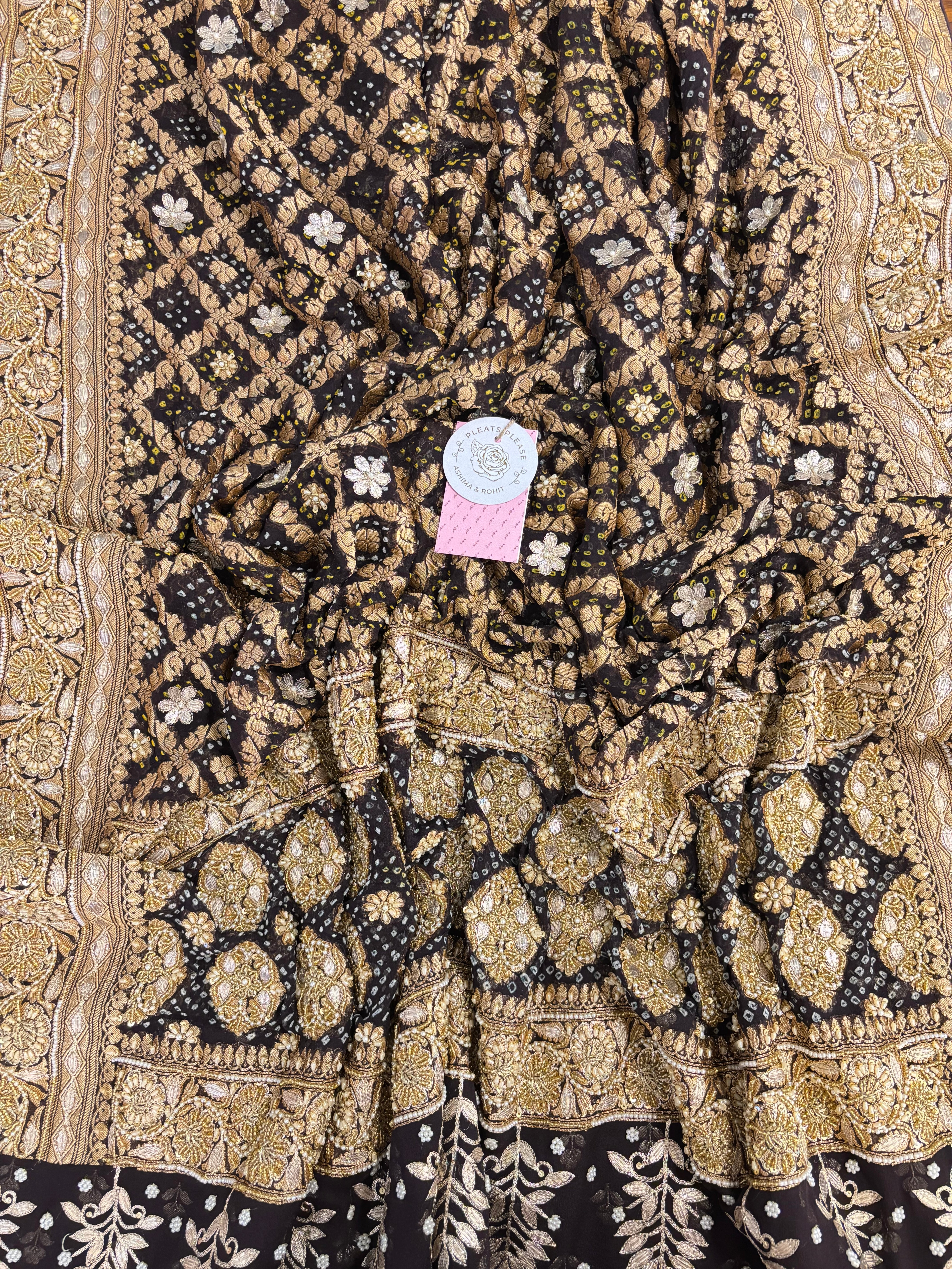 Deep Brown Pure Georgette Gota Patti Bandhej Zardozi Dupatta