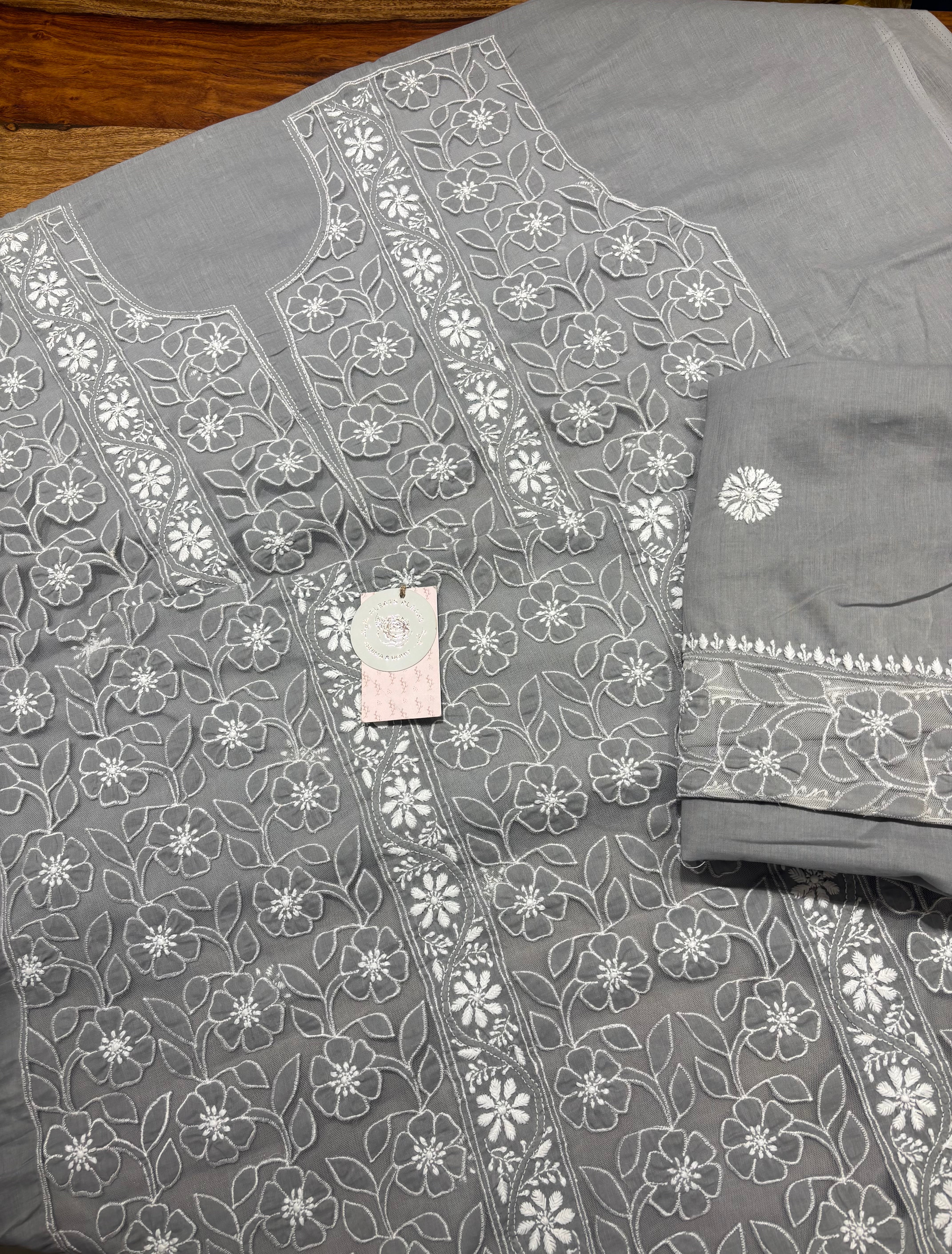 Gray Mulmul Soft Net Chikankari Applique Kurta And Dupatta Fabric