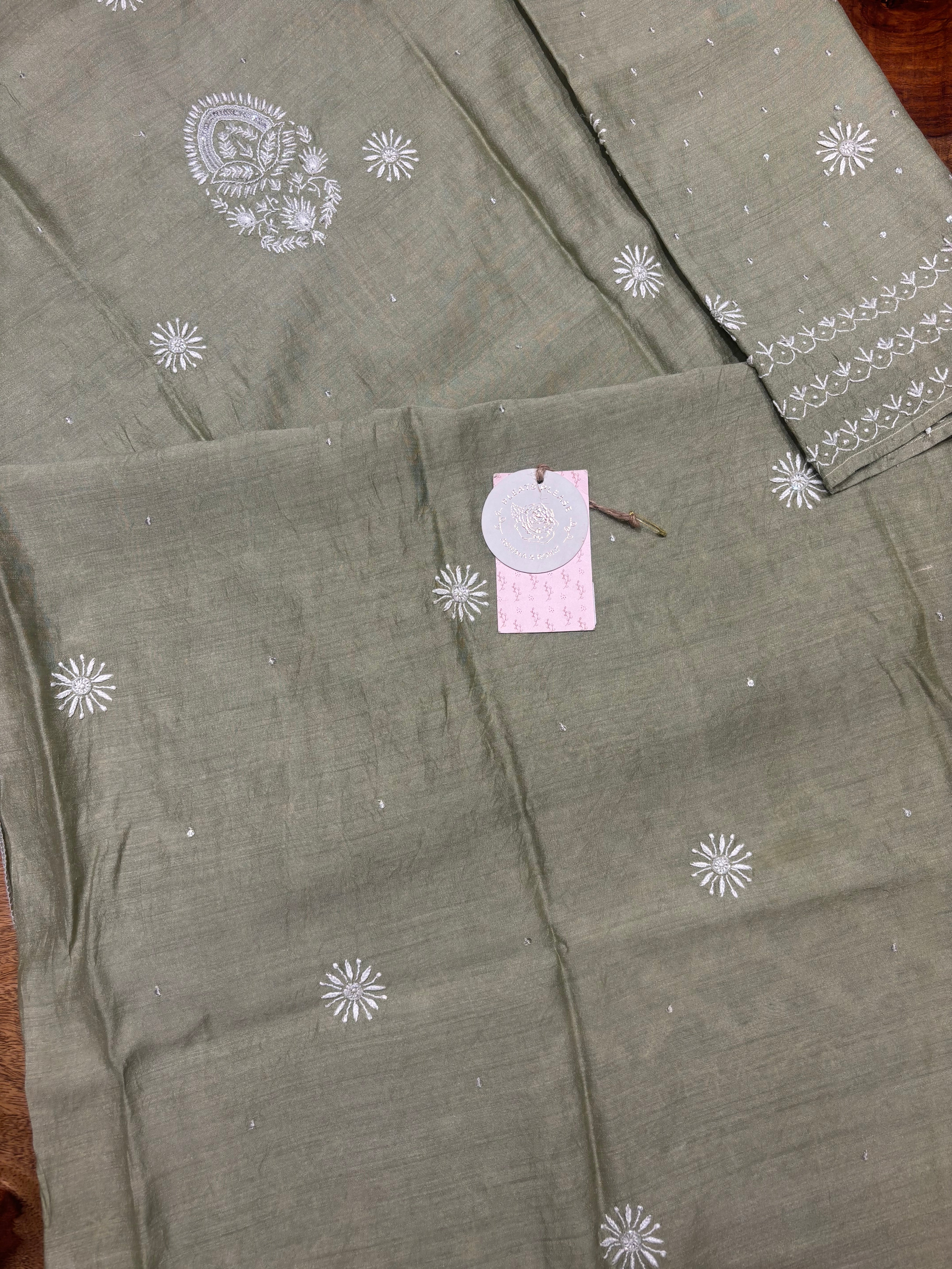 Mossy Green Pure and Premium Monga Silk Chikankari Kurta and Dupatta Set