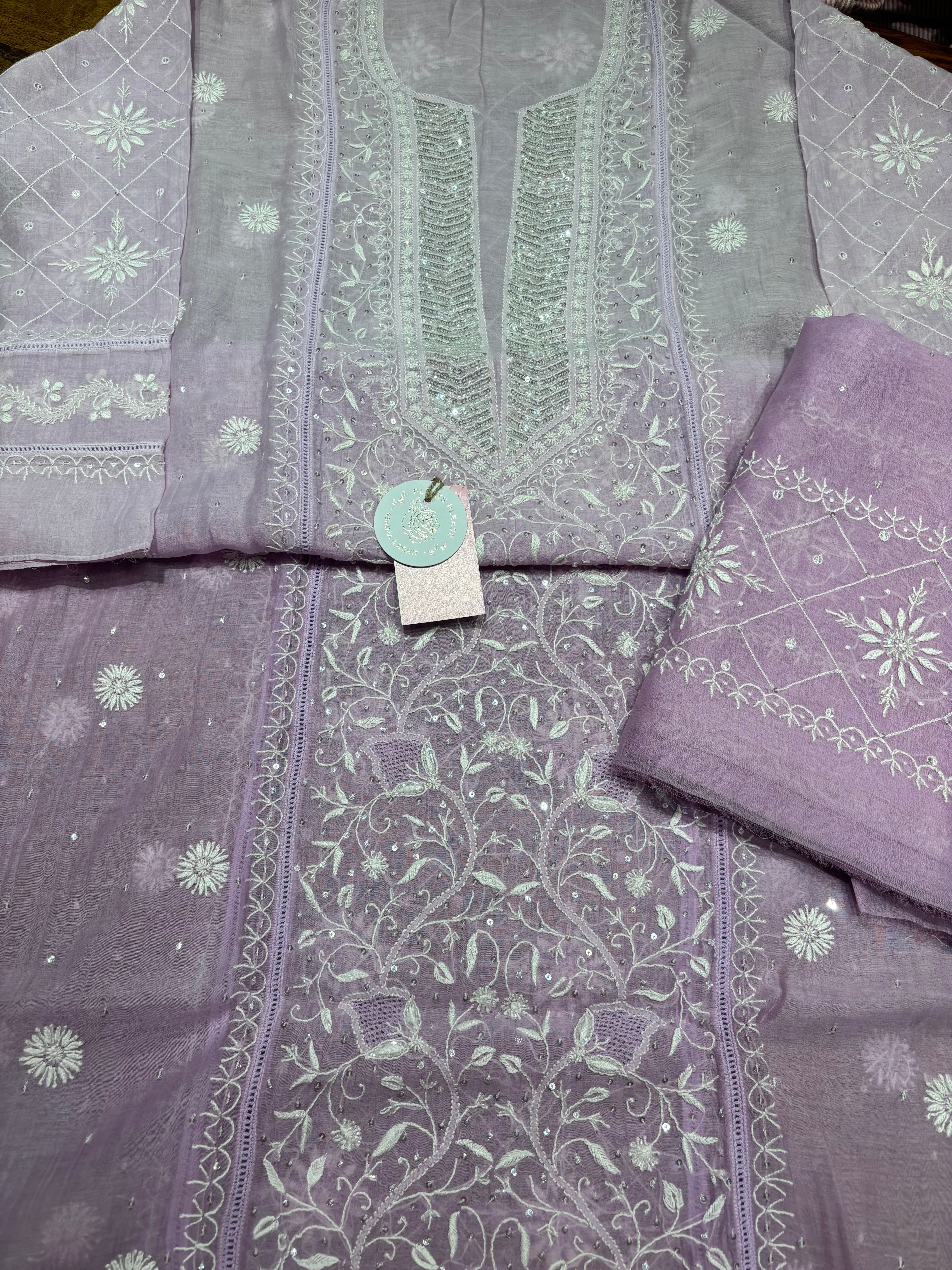 Lilac Ombre Chanderi Mul Chikankari Kurta & Dupatta Set