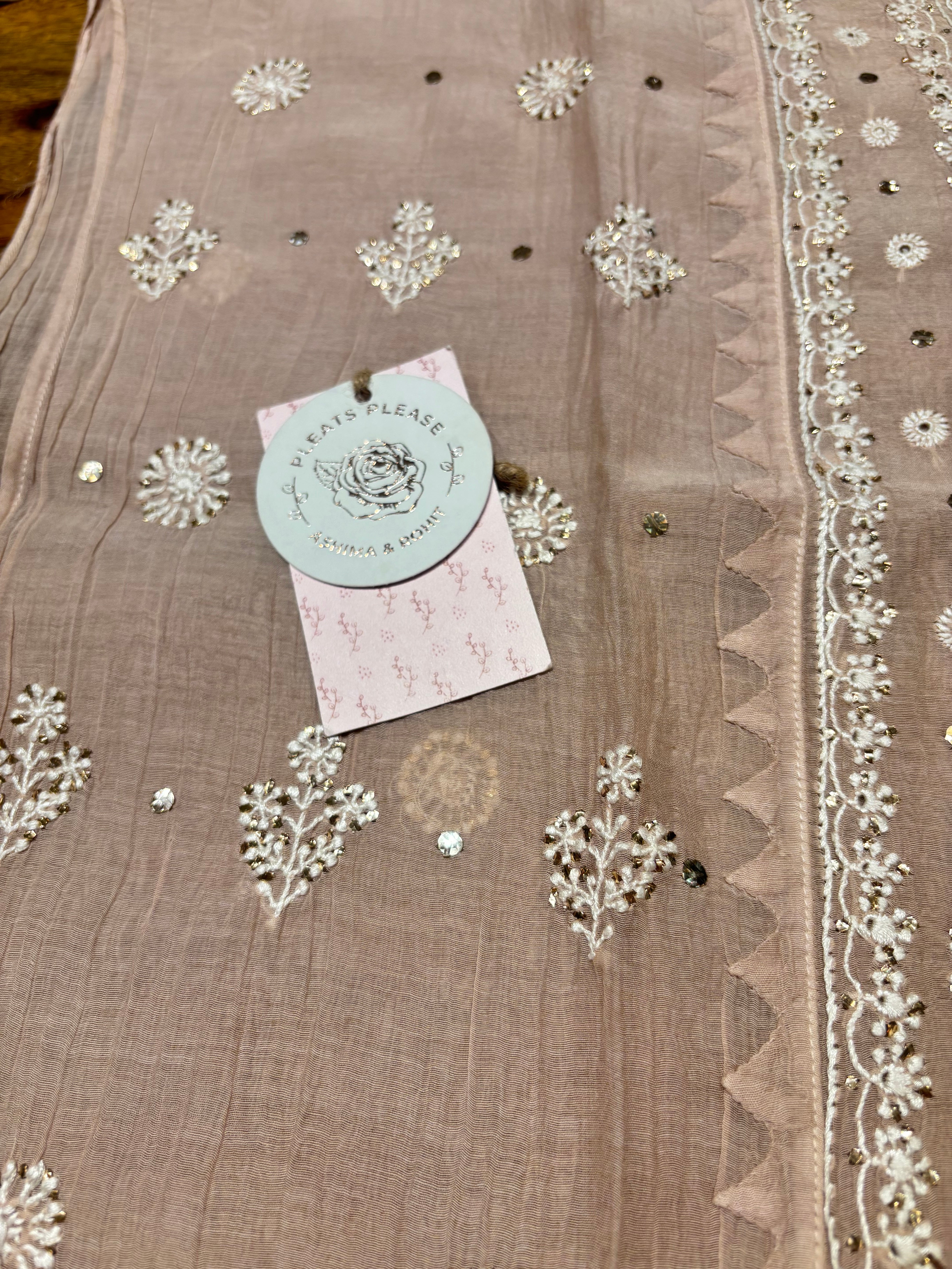 Nude Rose Chanderi Mul Chikankari & Mukaish Kurta & Dupatta Set