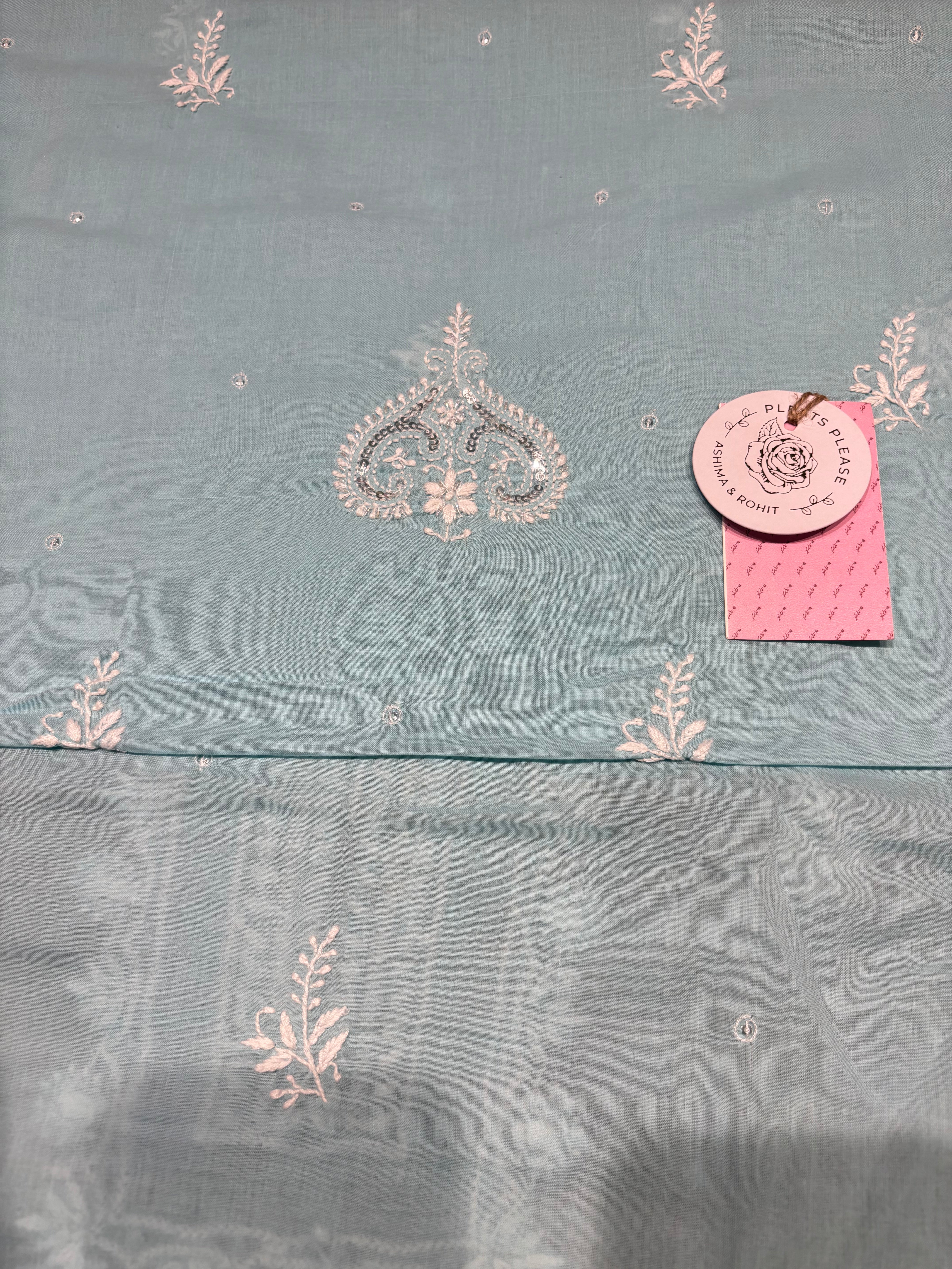 Powder Blue Mulmul Chikankari Kurta Fabric