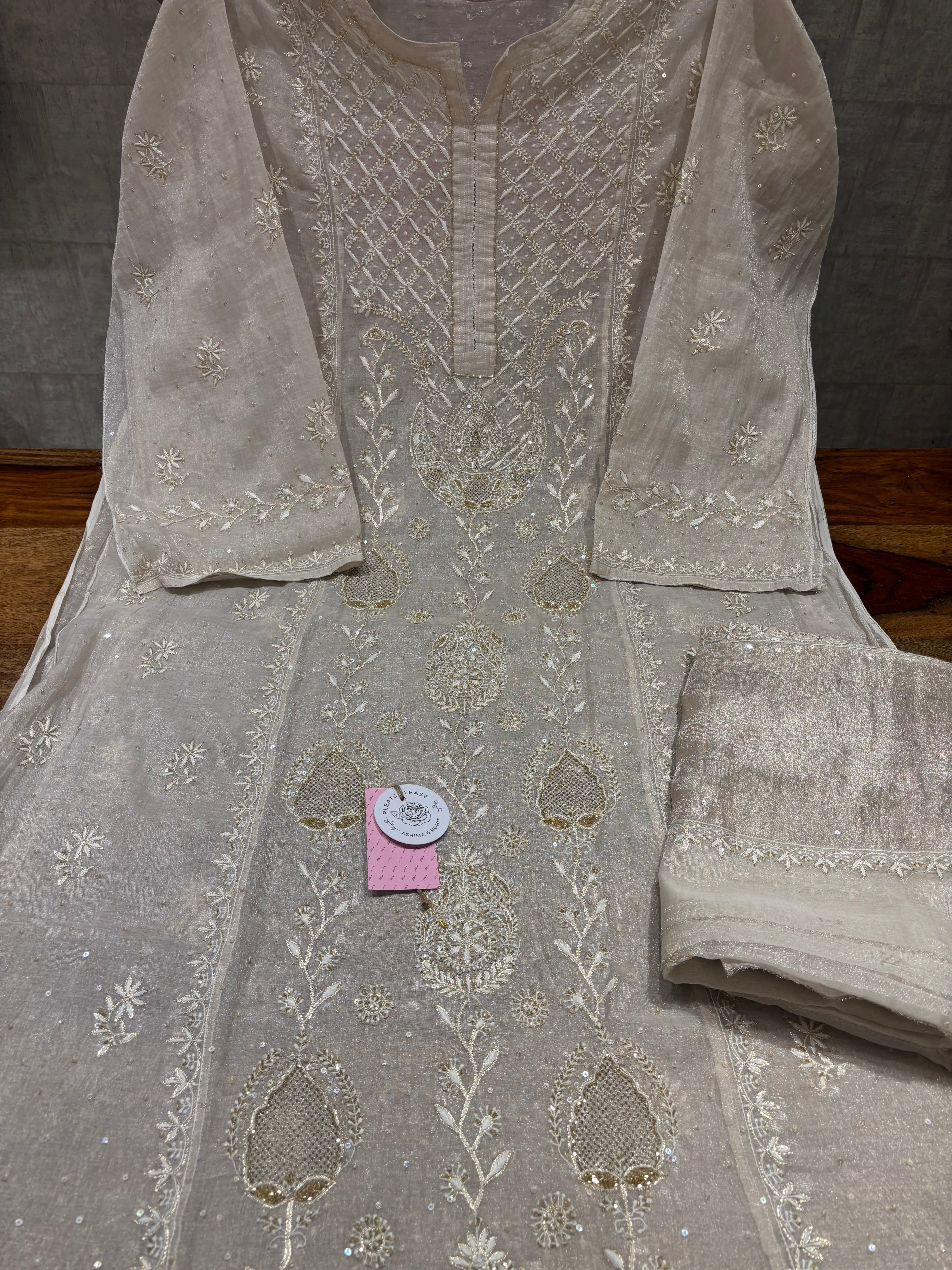 Dyeable Pure and Premium Silver Tissue Chikankari Kurta and Dupatta Set