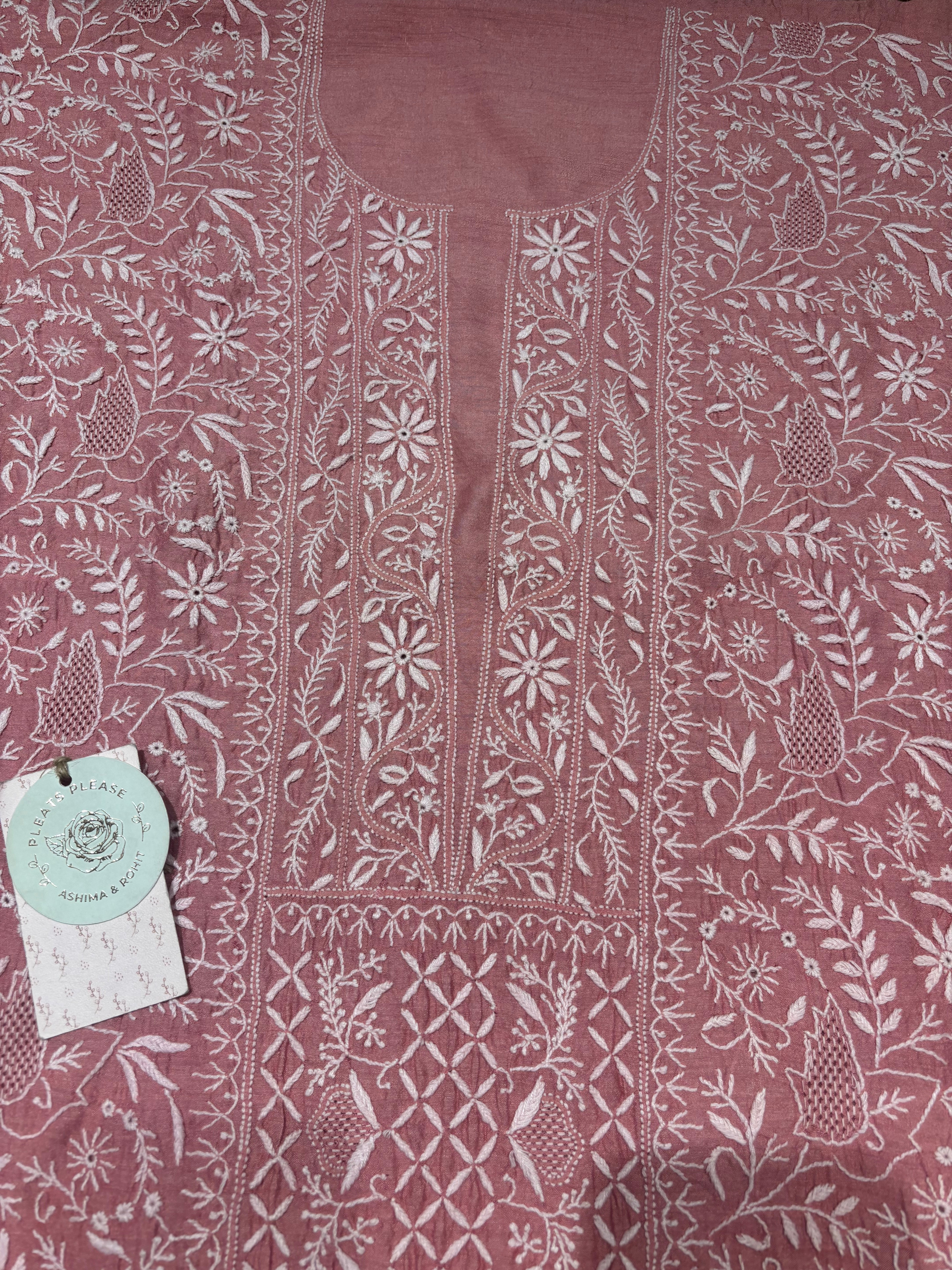 Flamingo Pink Ombre Pure & Premium Monga Silk Chikankari Kurta & Dupatta Fabric