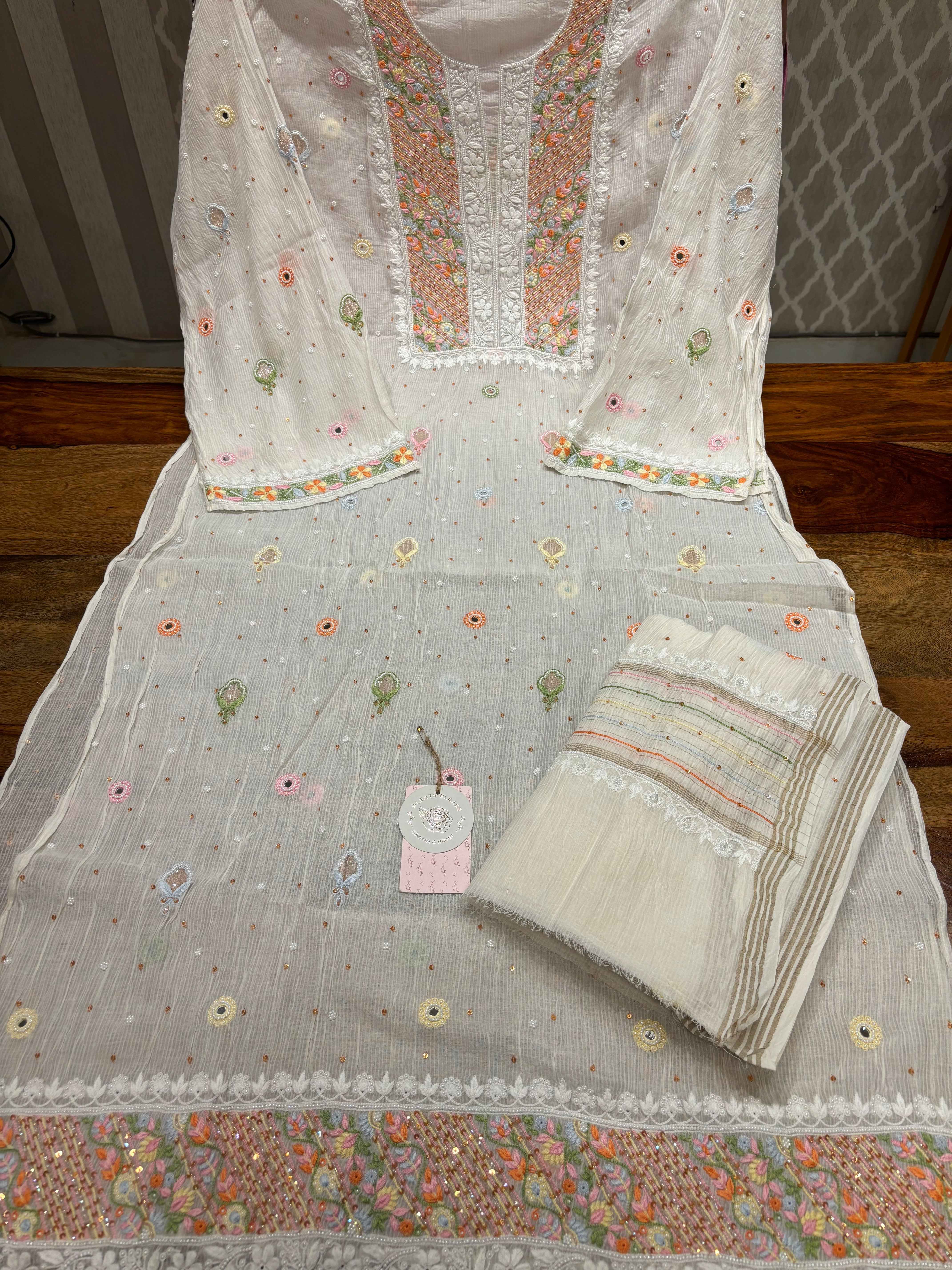 Dyeable Chanderi Maheshwari Multicolour Chikankari Kurta And Dupatta Set - Pleats PleaseChikankari