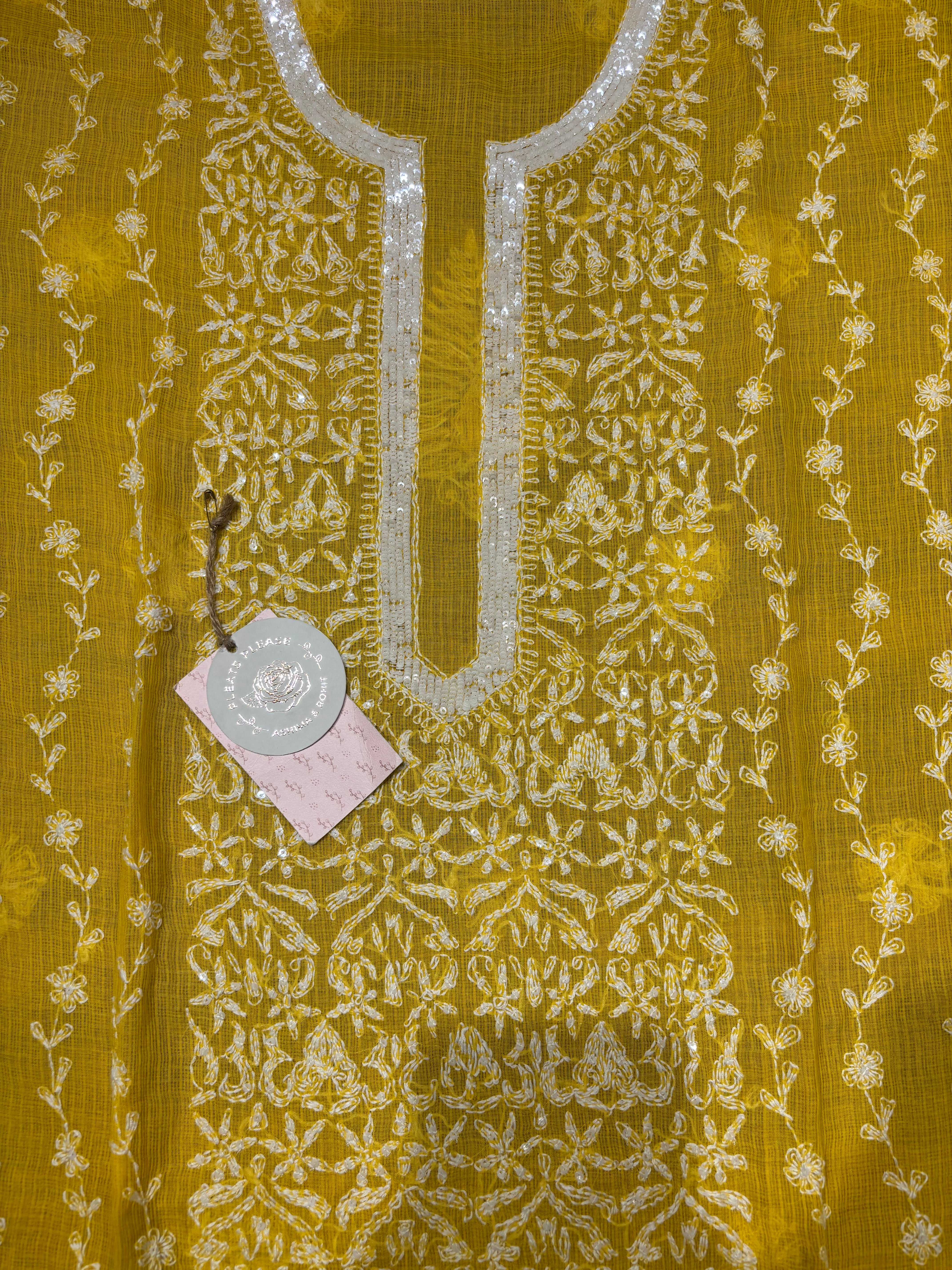 Yellow Kota Doria Chikankari Kurta and Dupatta
