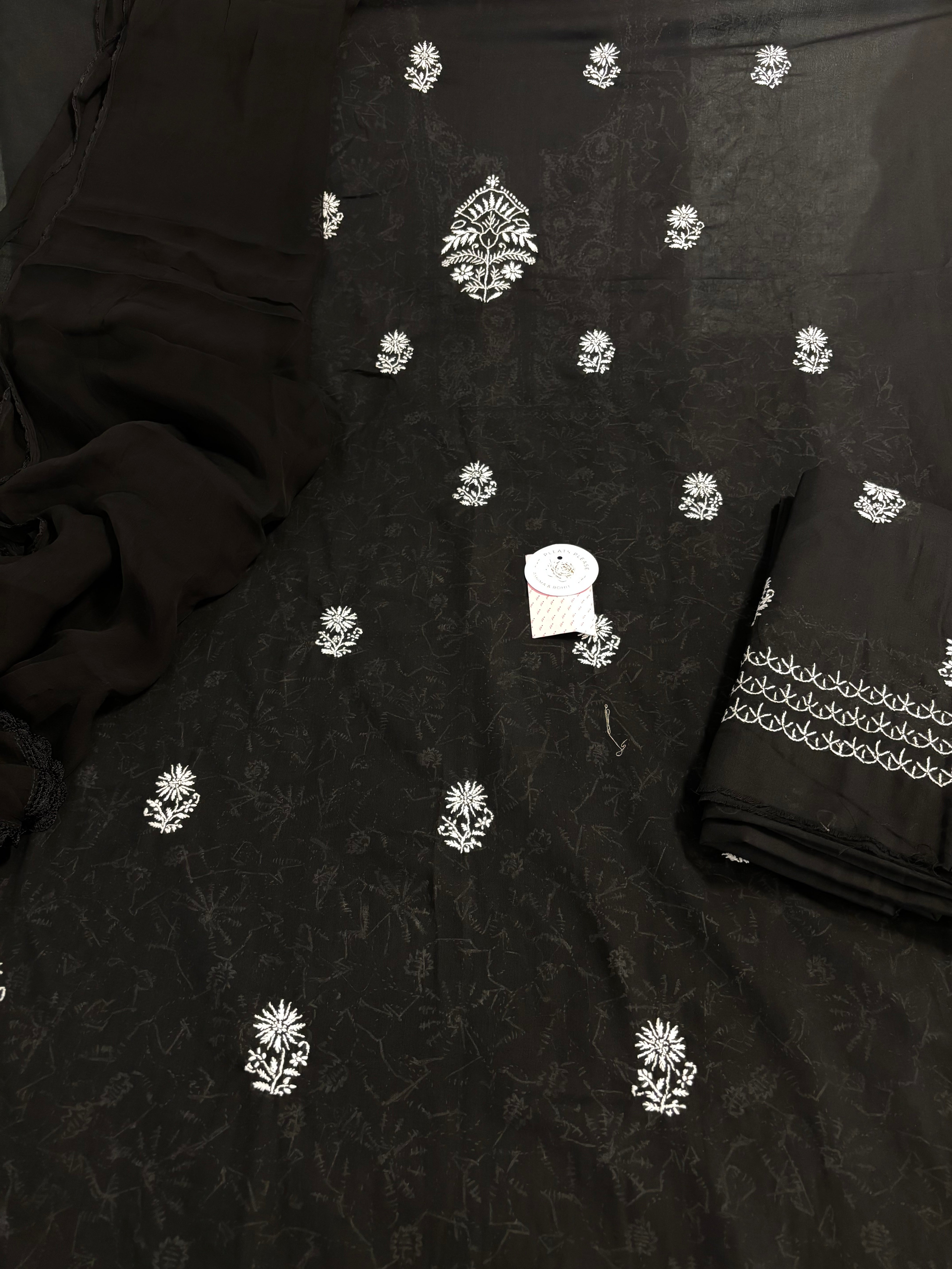 Black Cotton Chikankari Kurta, Dupatta With Bottom