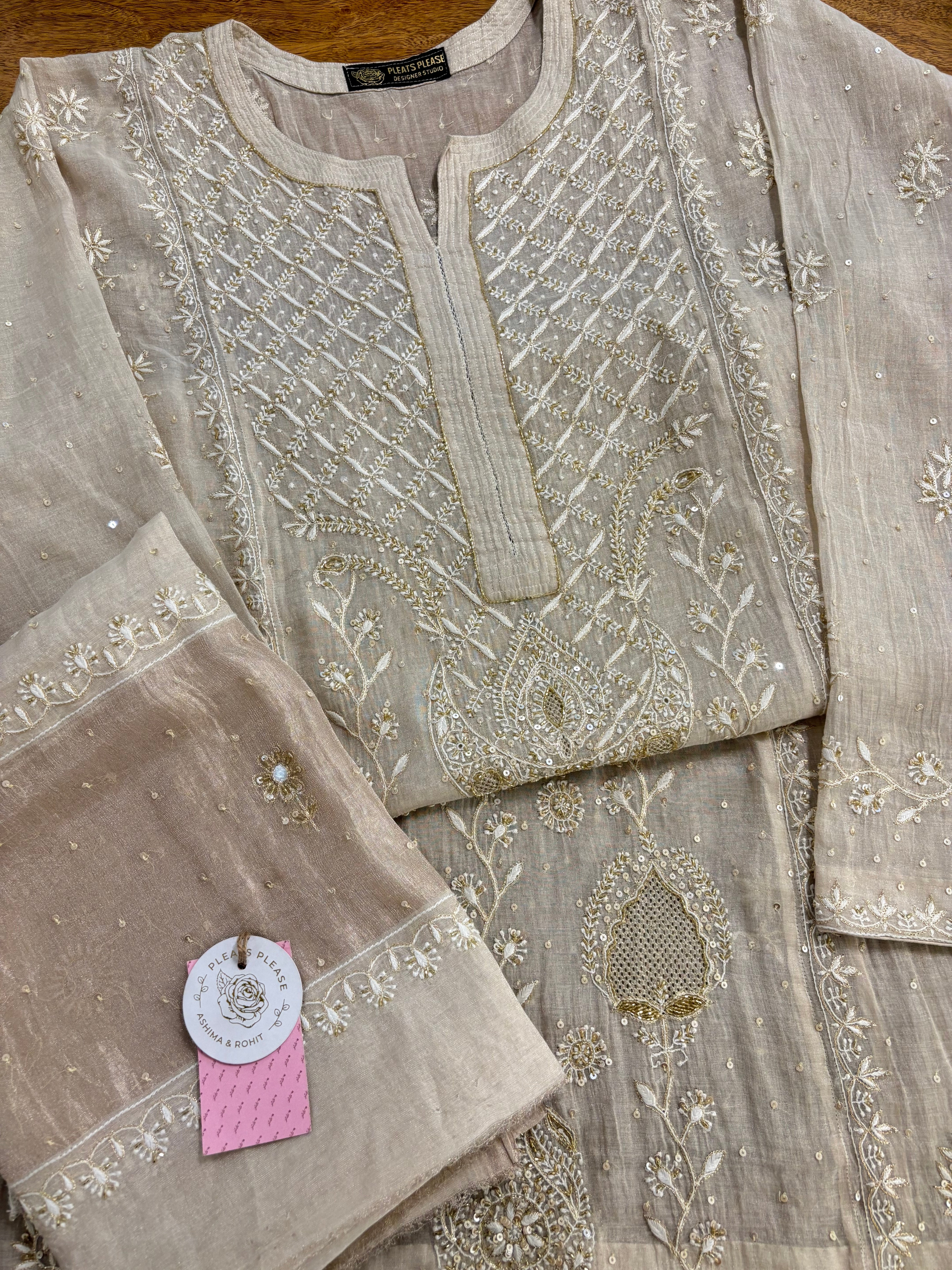 Dyeable Ivory Silver Pure & Premium Tissue Chikankari Kurta & Dupatta