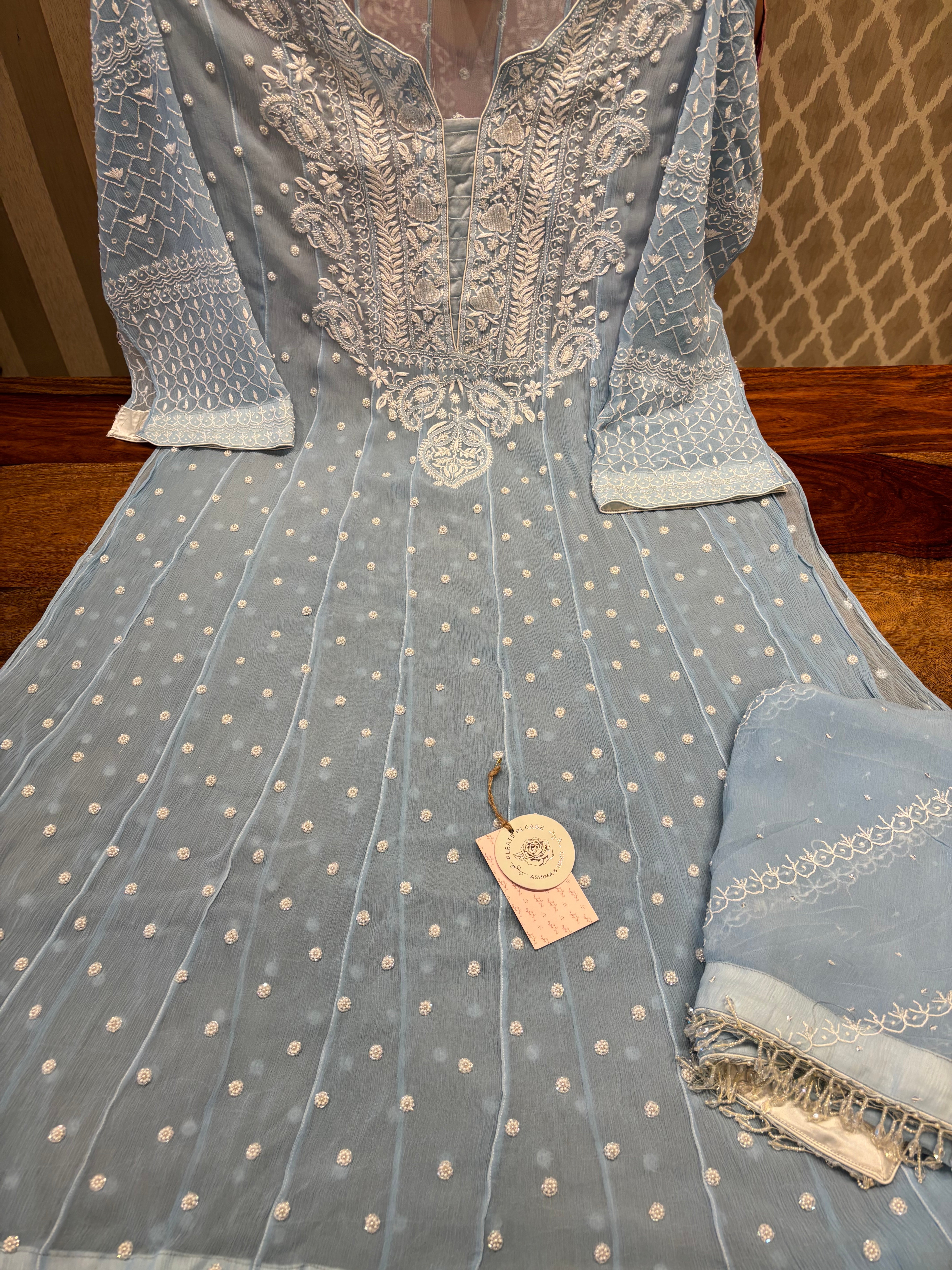 Powder Blue Chiffon Chikankari Anarkali & Dupatta