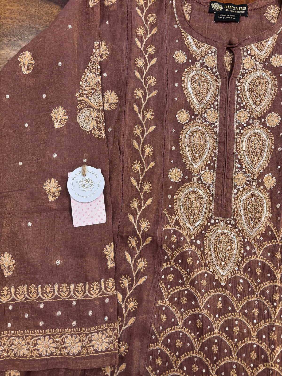 Walnut Brown Pure & Premium Tissue Chikankari Kurta & Dupatta