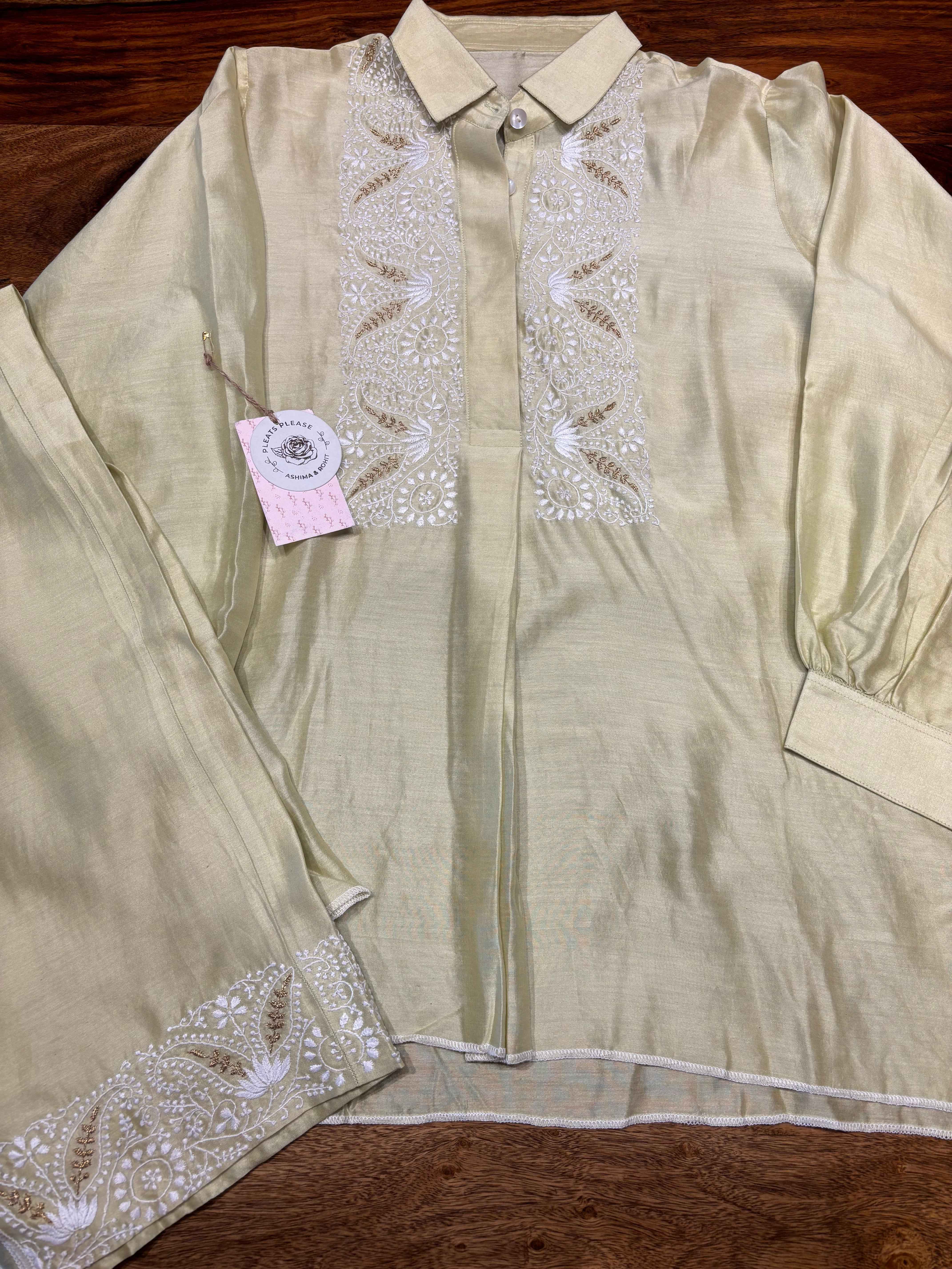 Pistachio Green Chanderi Silk chikankari Co-ord Set - Pleats PleaseChikankari