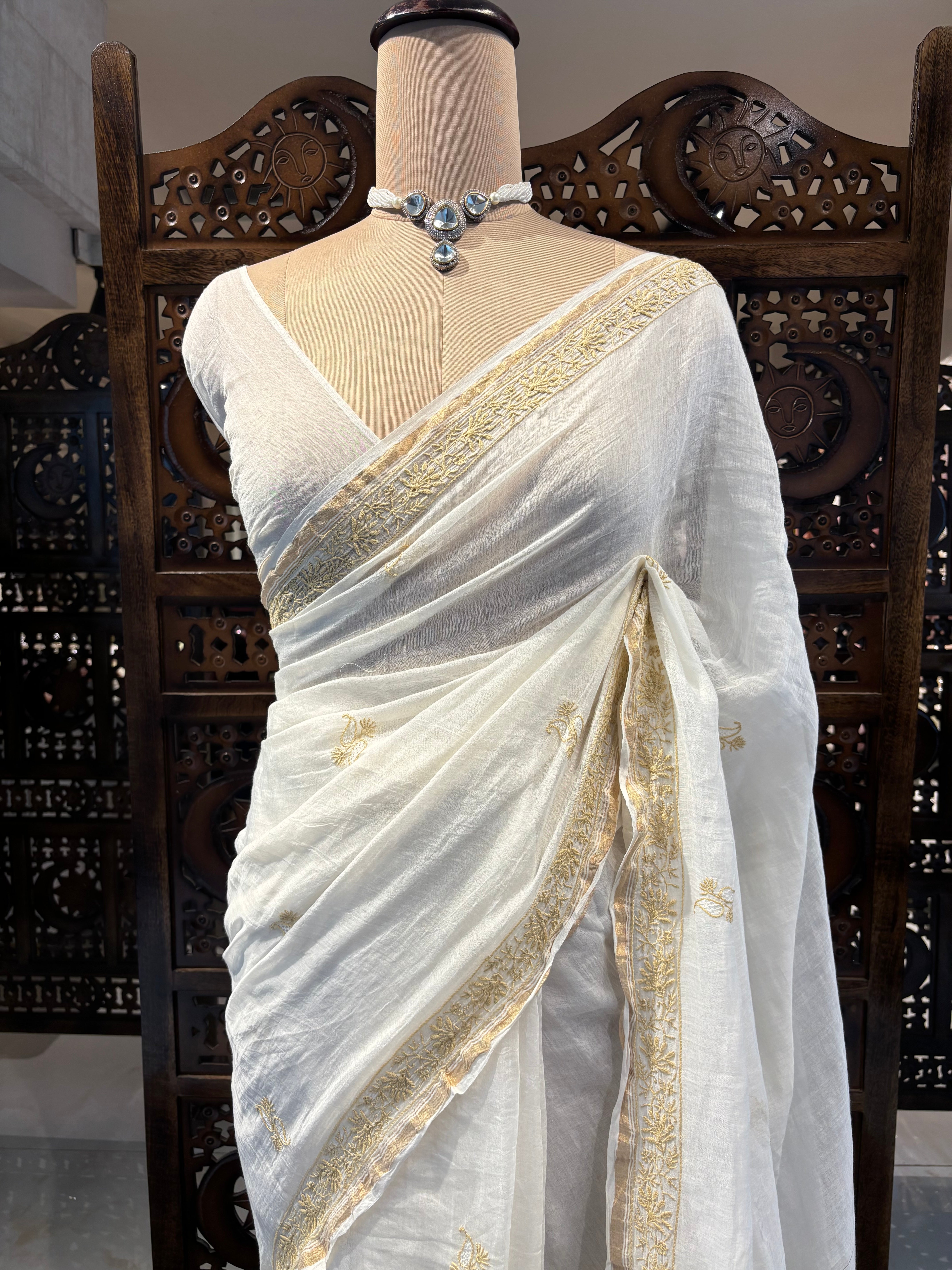 Dyeable Pure Chanderi Mul Chikankari Saree
