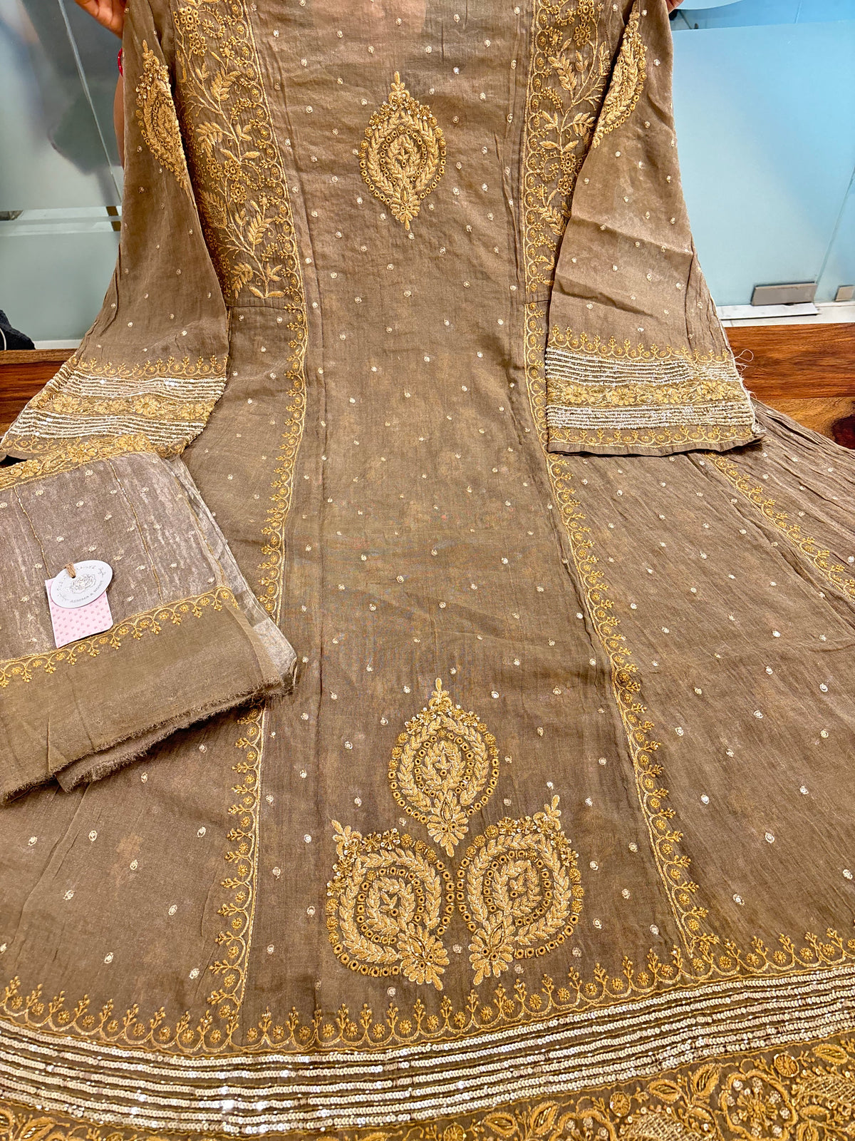 Ash Grey Pure & Premium Tissue Chikankari Anarkali & Dupatta