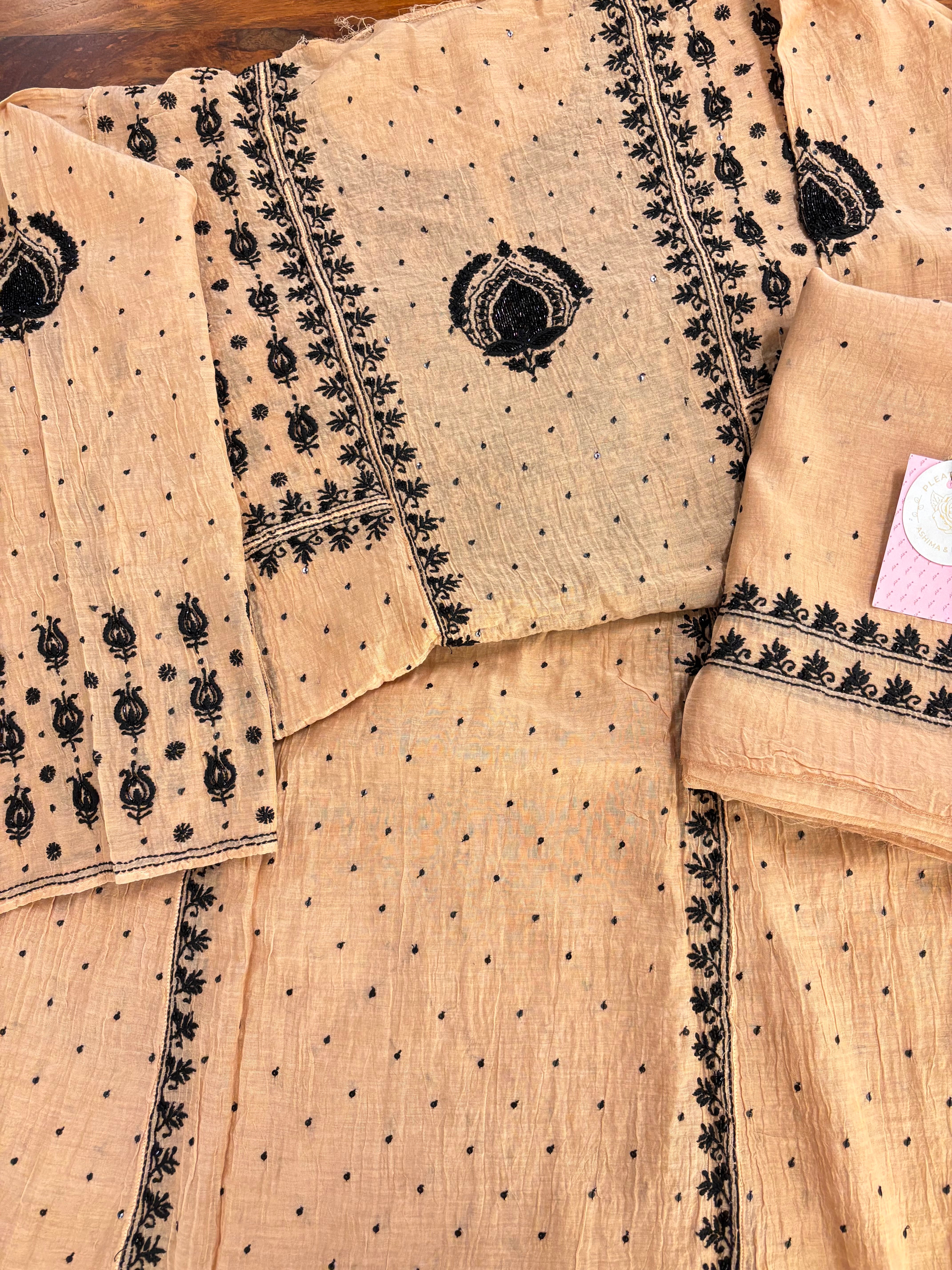 Apricot Peach Chanderi Mul Chikankari A-Line Kurta & Dupatta