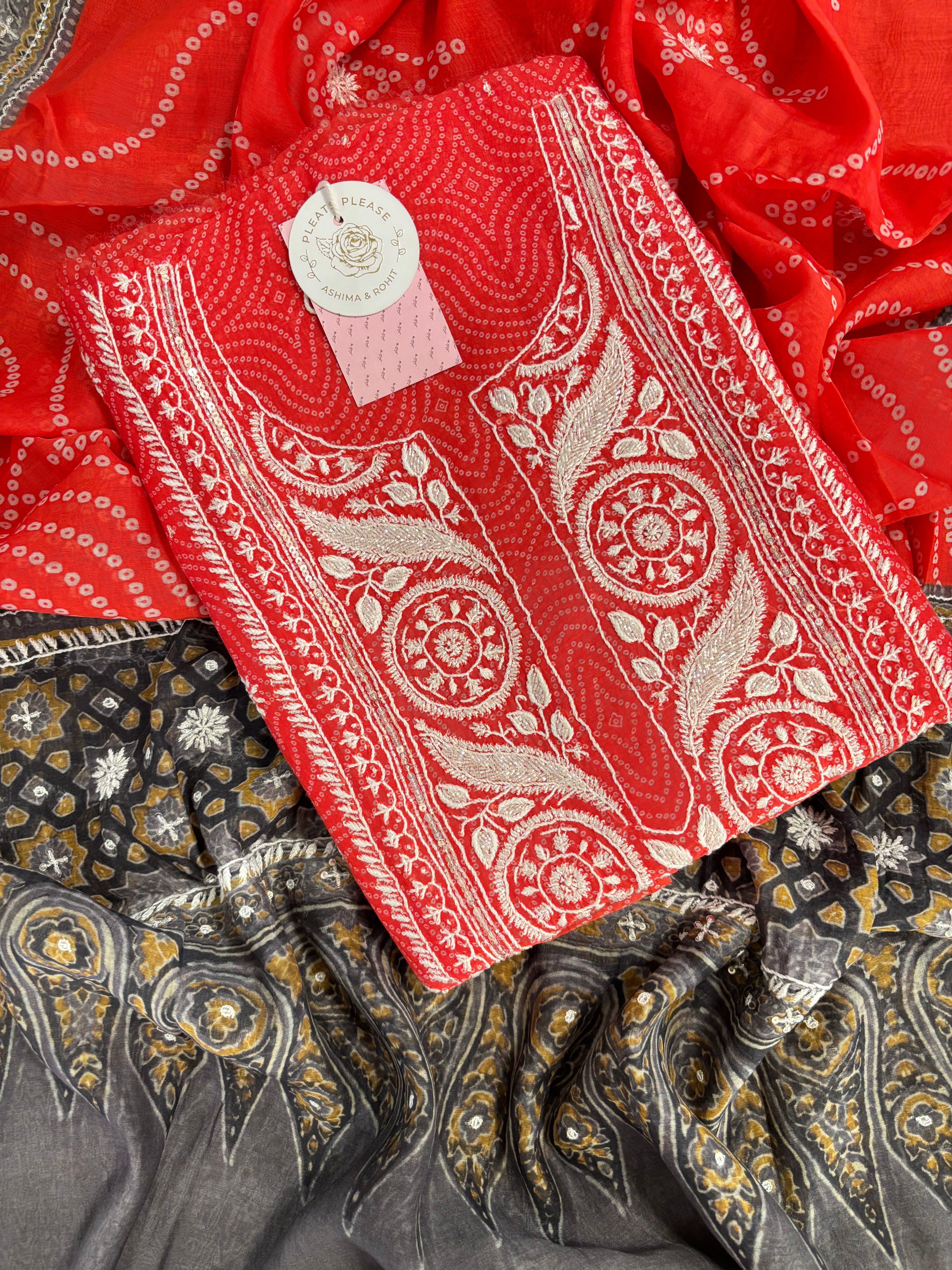 Coral Peach Chanderi Mul Bandhej Chikankari Kurta & Dupatta