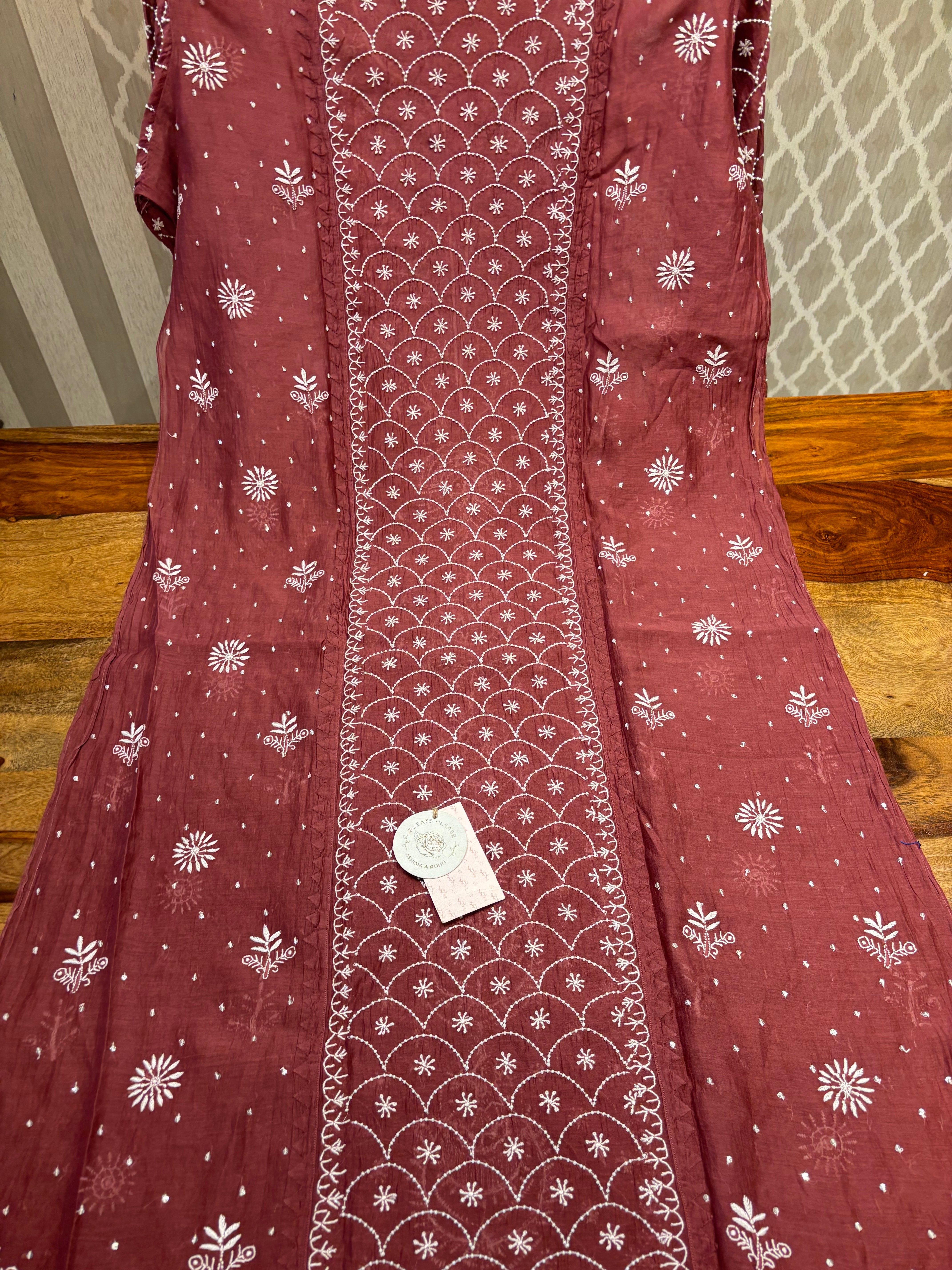 Red Cherrywood Chanderi mul Chikankari Kurta and Dupatta set