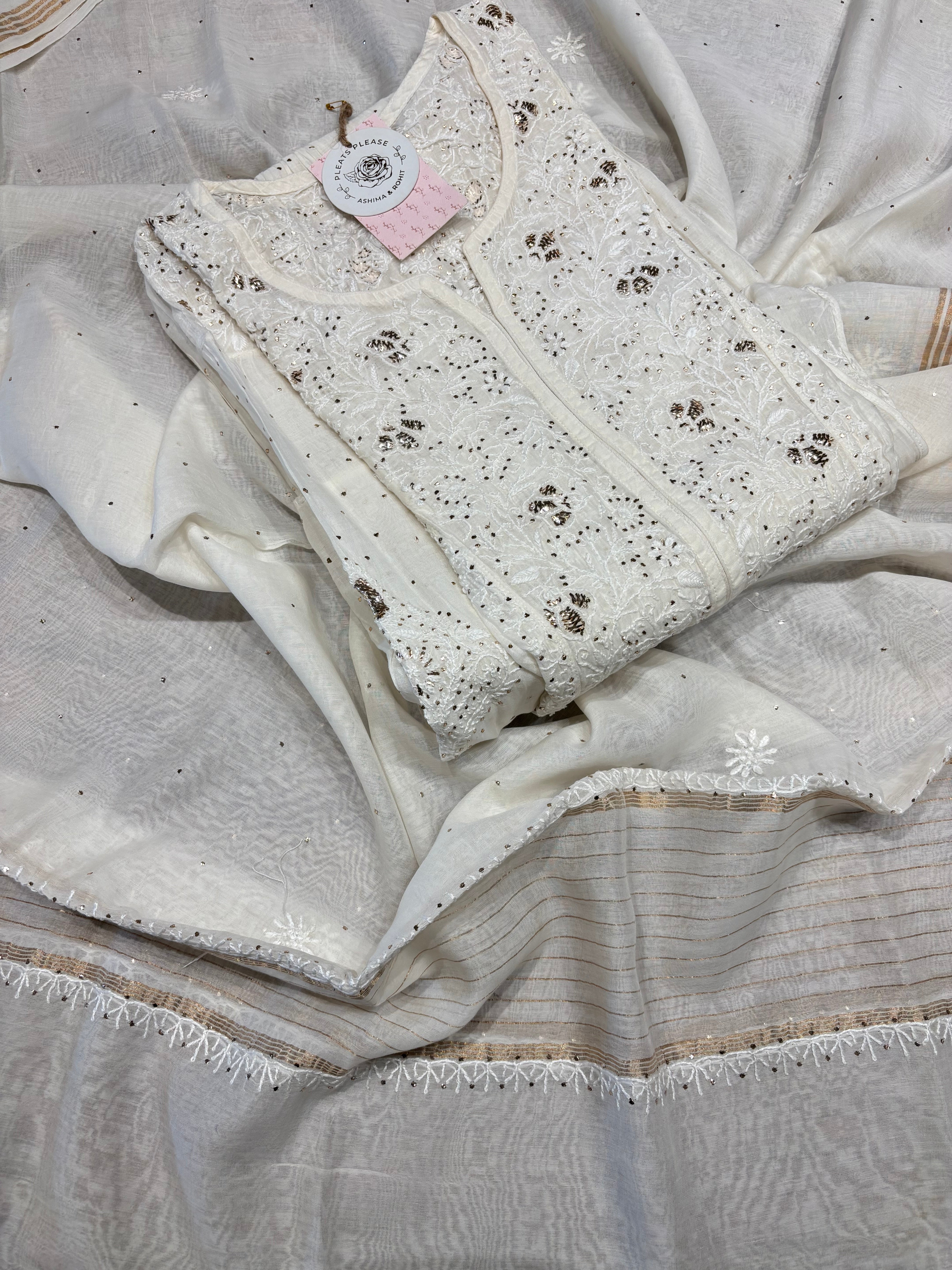 Dyeable Chanderi Mul Chikankari And Mukaish Tunic’s And Dupatta Set