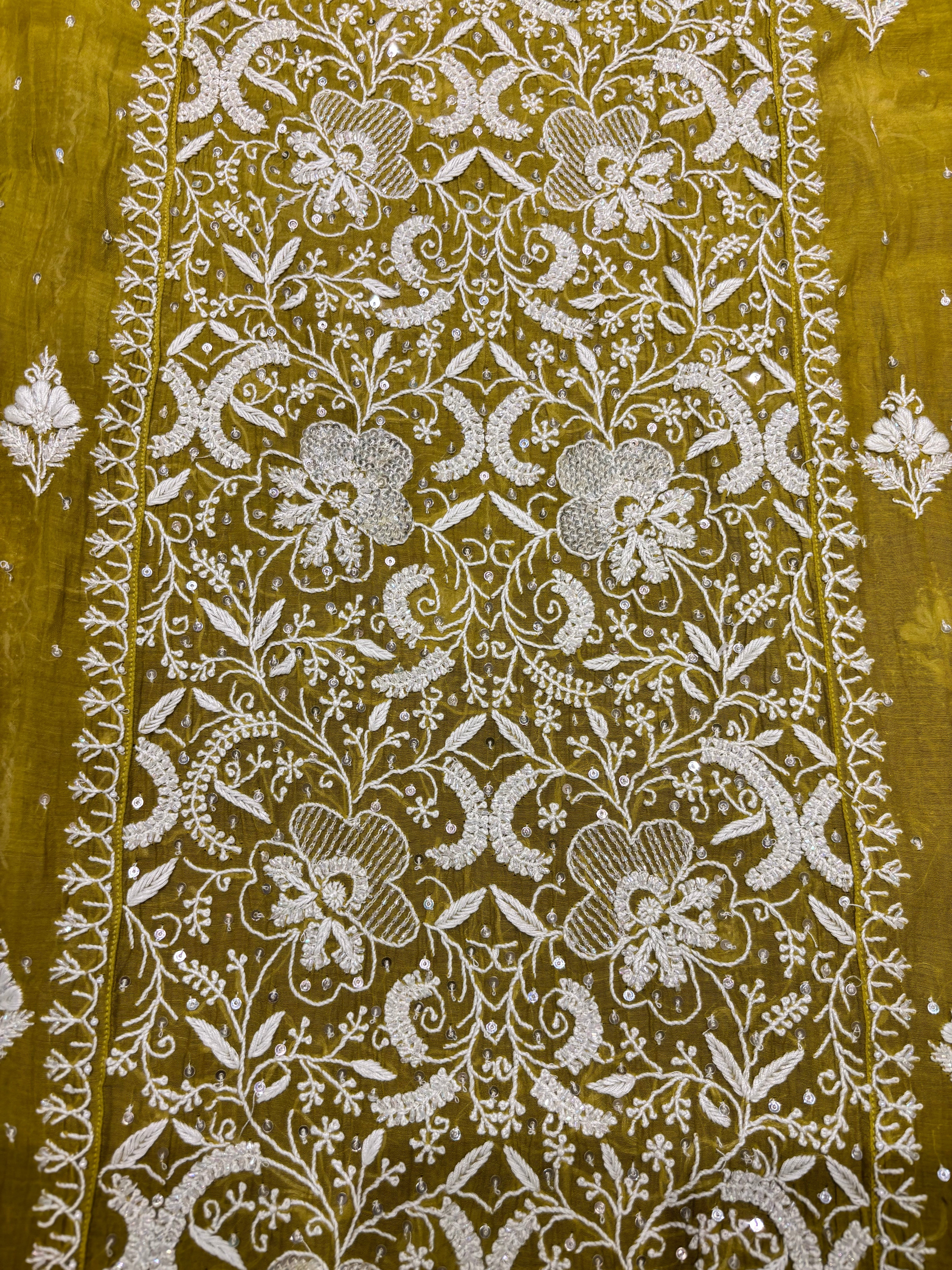 Olive Green Chanderi Mul Chikankari Kurta and Dupatta