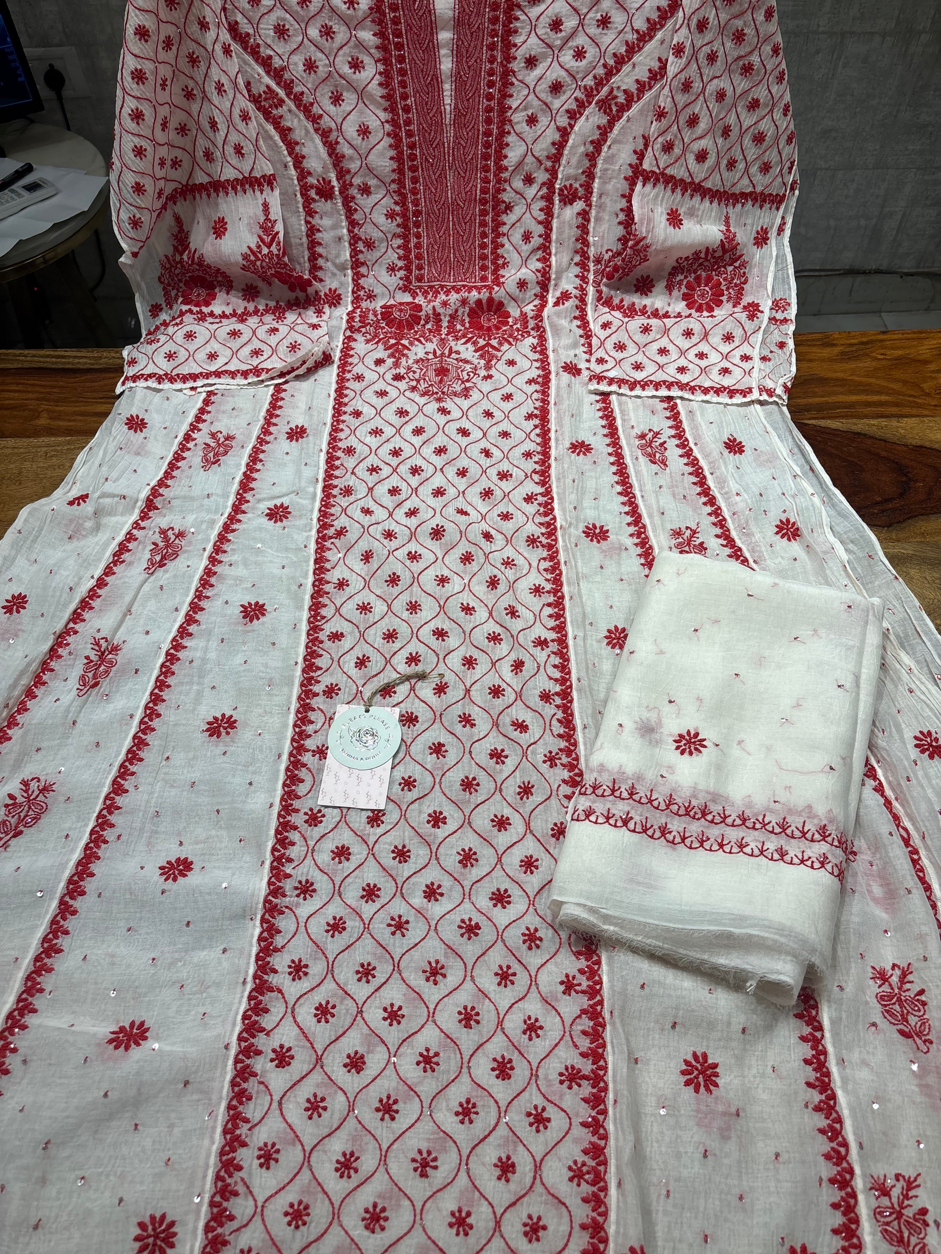 Dyeable Chanderi mul Chikankari Anarkali and Dupatta set