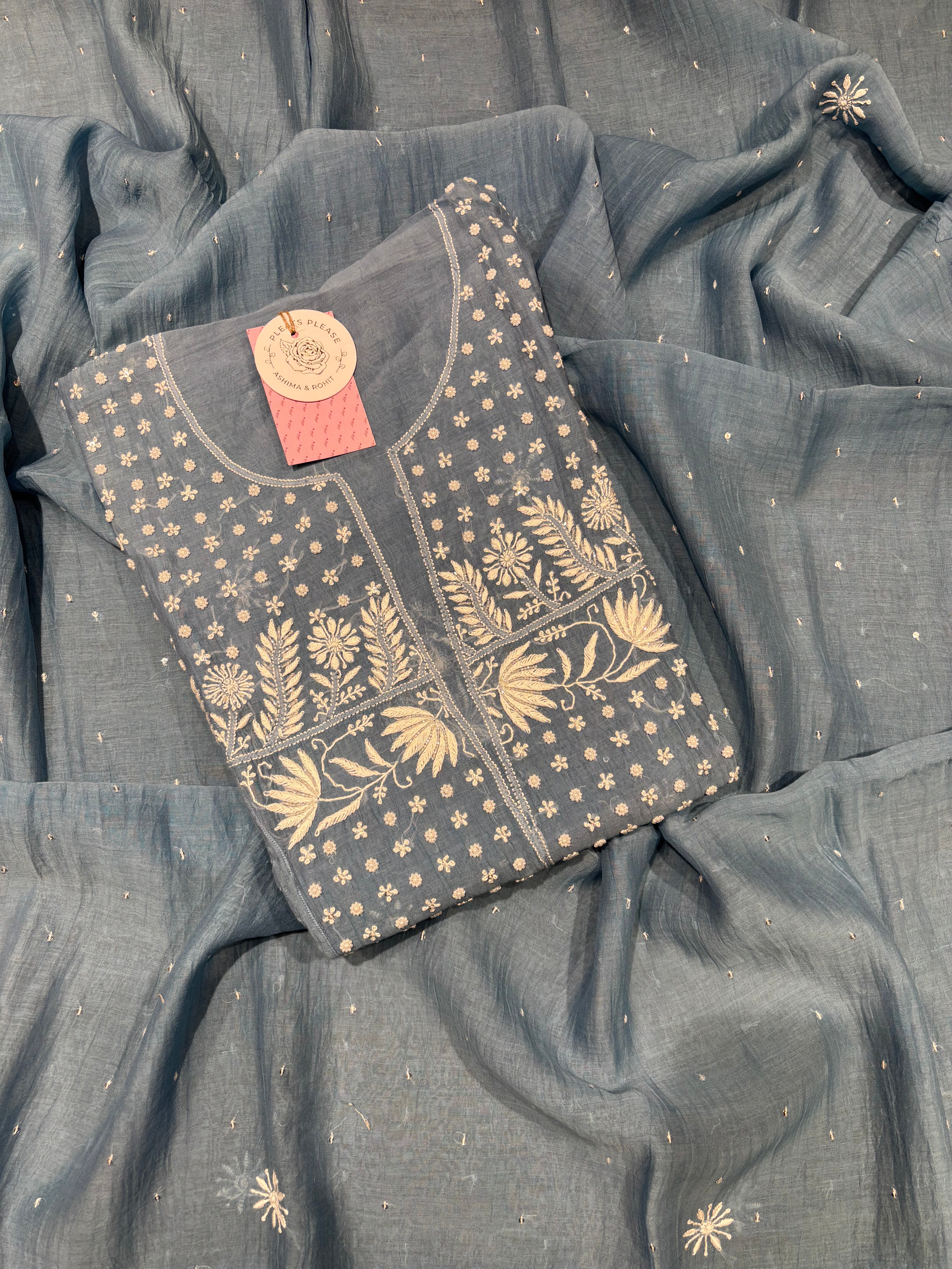 Teapot Blue Chanderi Mul Chikankari Kurta & Dupatta Set