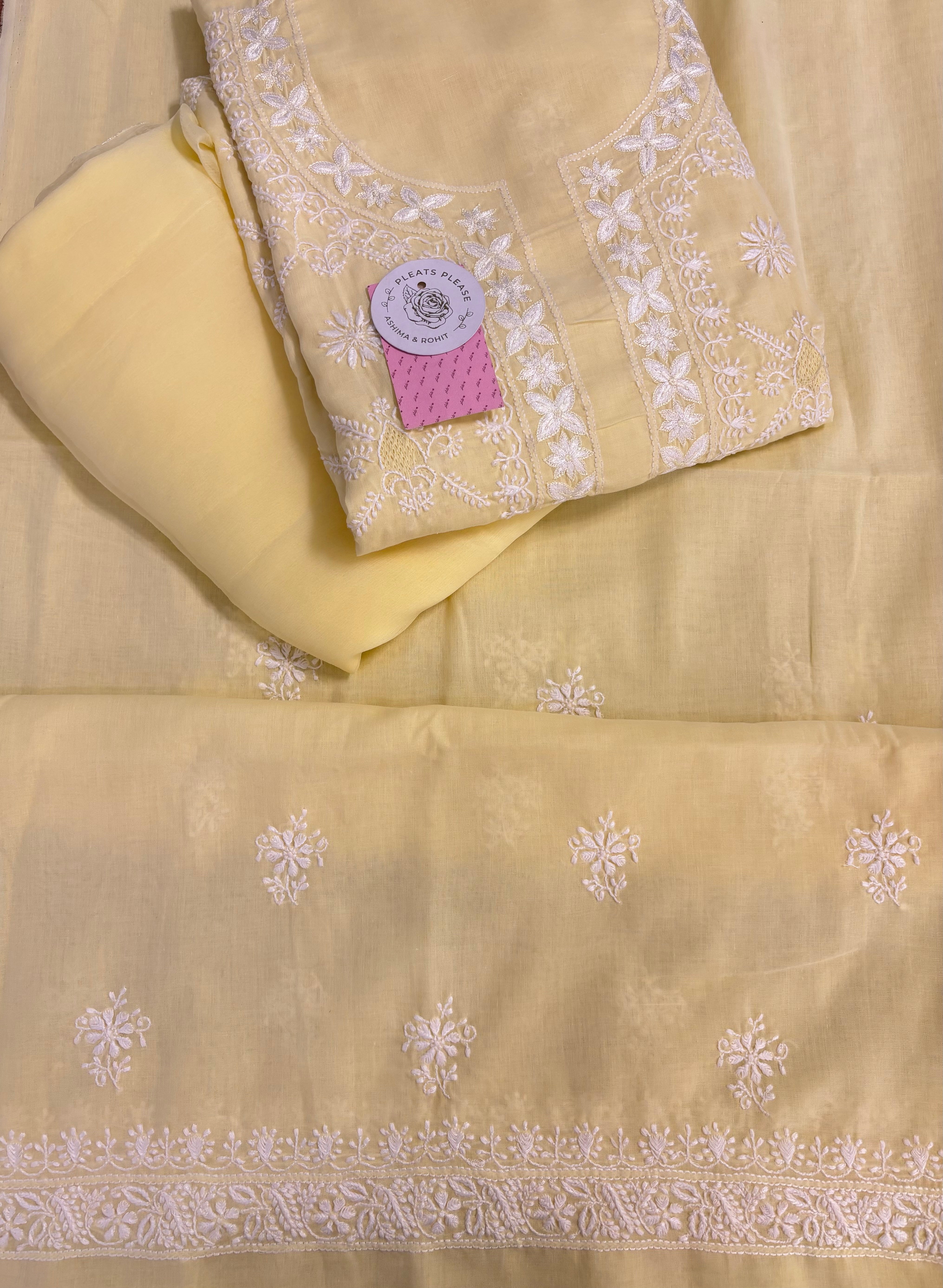 Pale Yellow Cotton Chikankari Kurta, Dupatta With Bottom