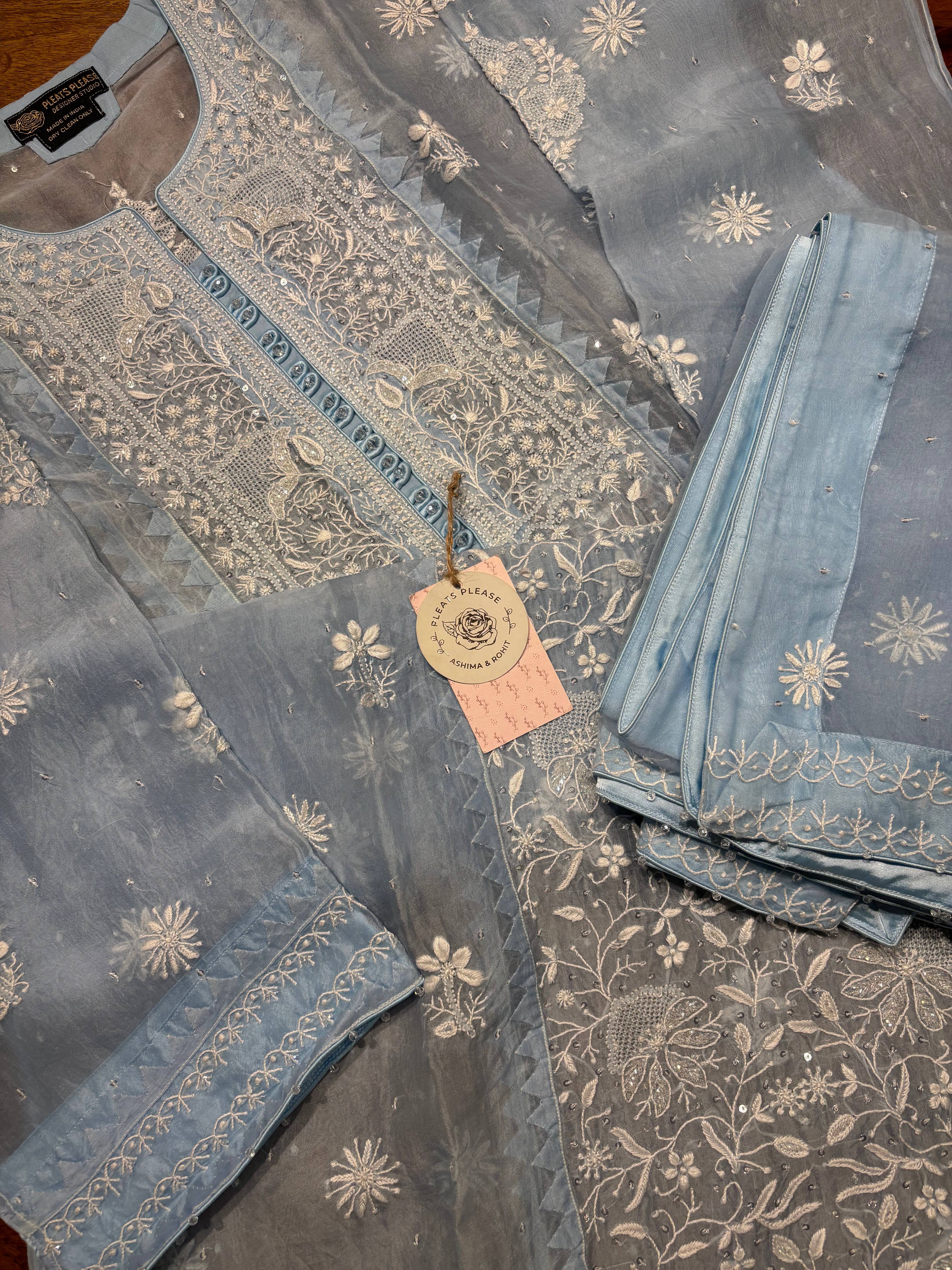 Blue Pure And Premium Organza Silk Chikankari Kurta And Dupatta Set