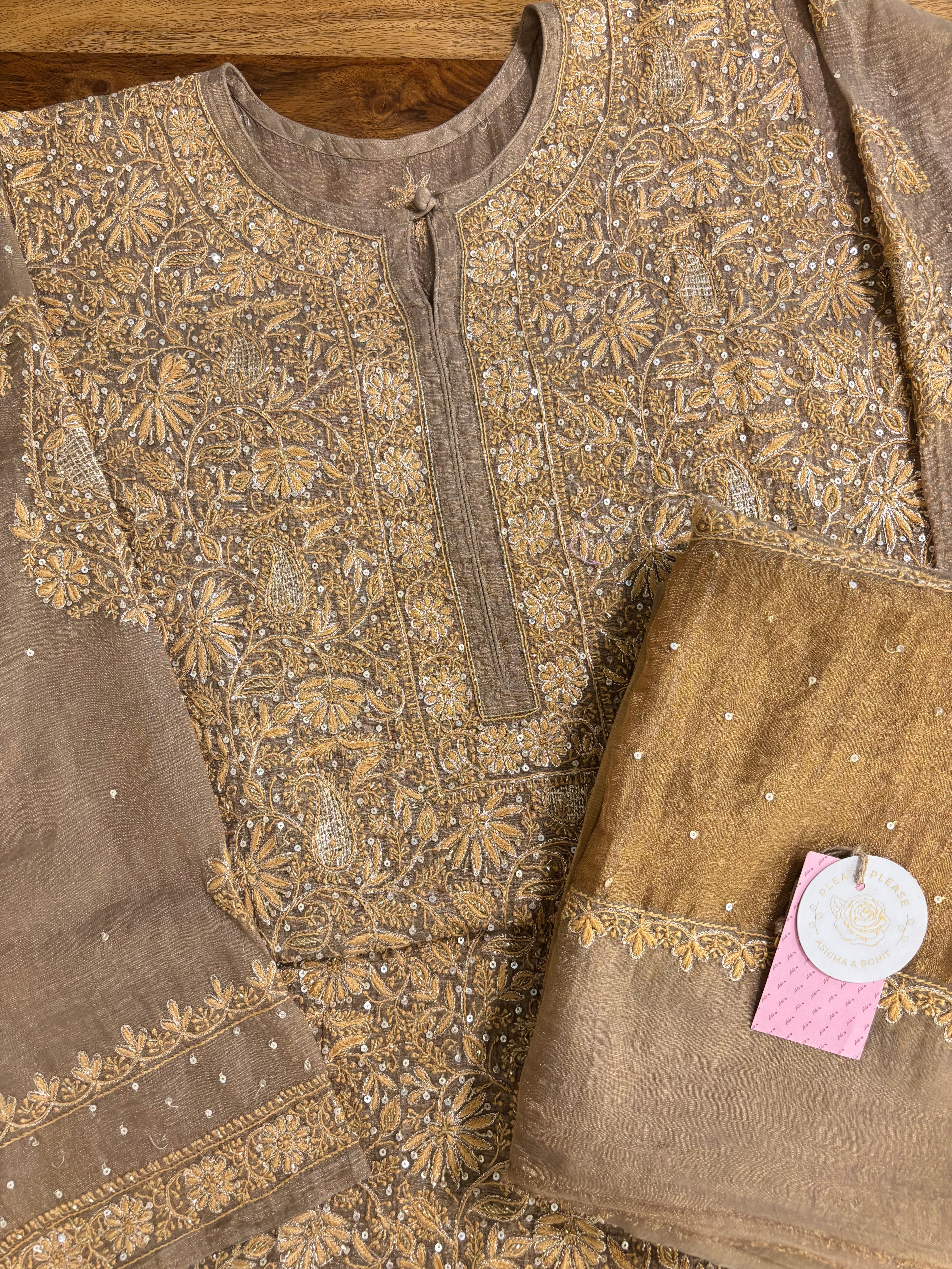 Warm Bronze Pure & Premium Tissue Chikankari Kurta & Dupatta