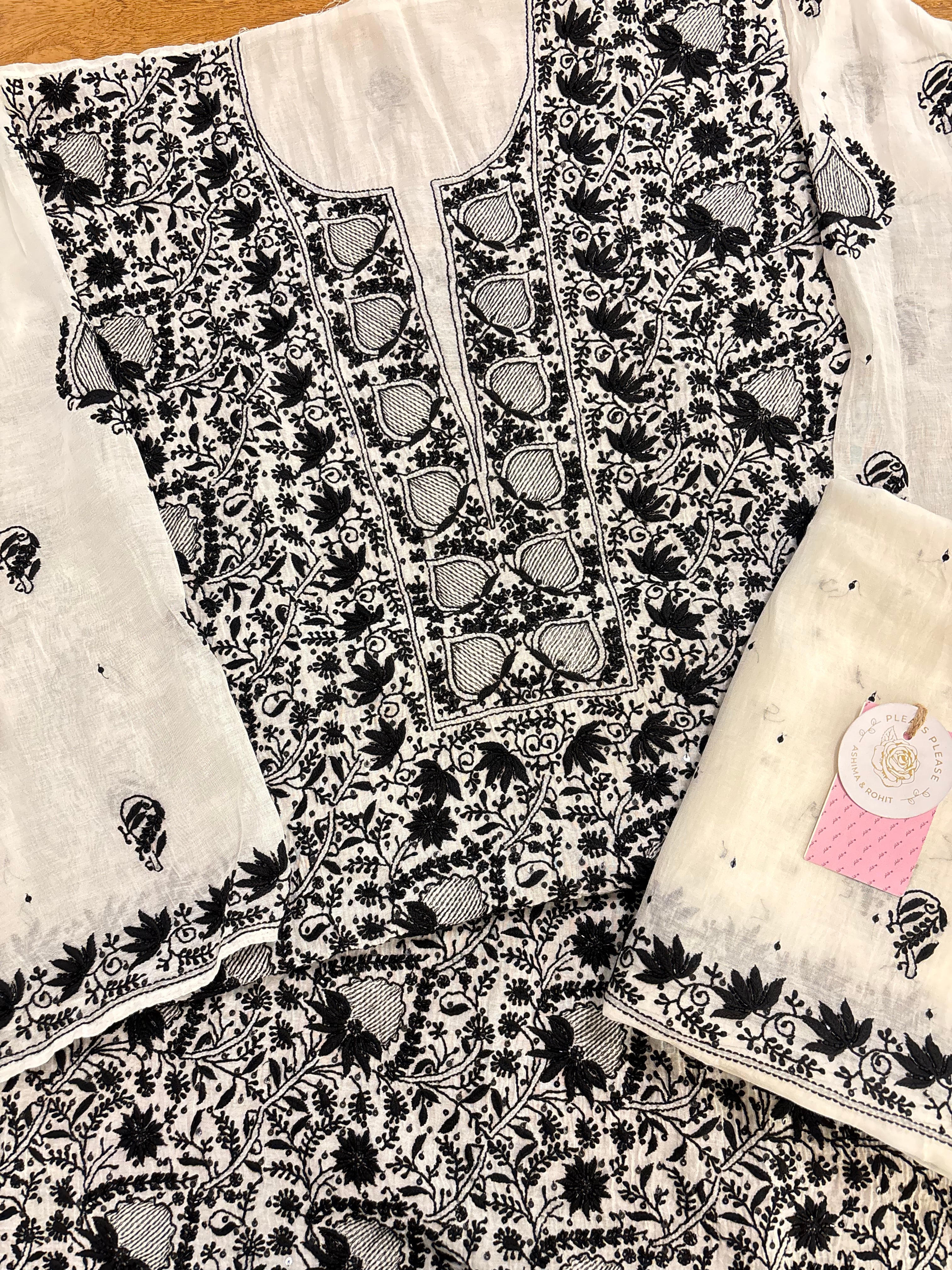 Dyeable Chanderi Black & White Chikankari Kurta & Dupatta