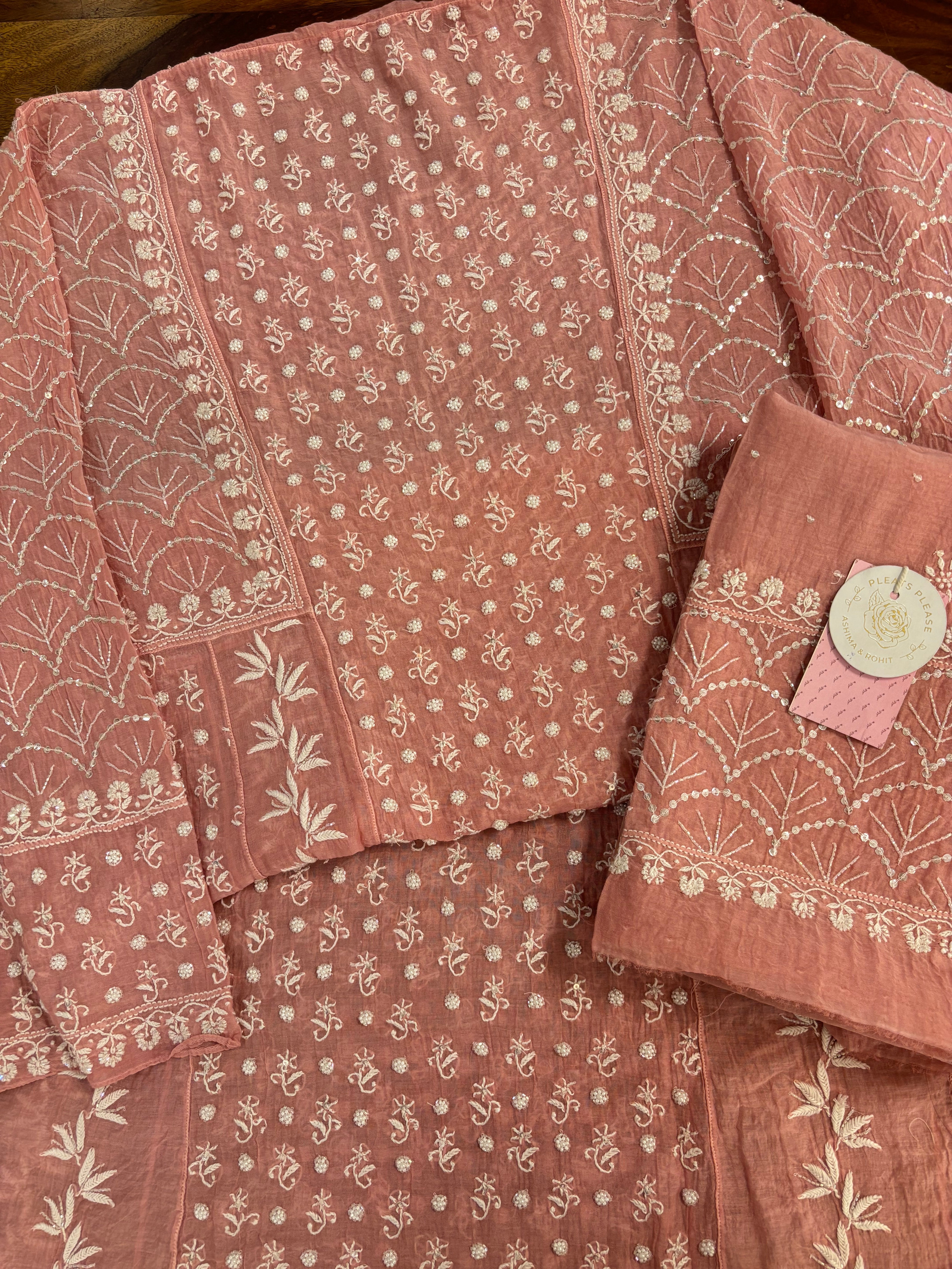 Coral Peach Chanderi Mul Chikankari Anarkali & Dupatta Set
