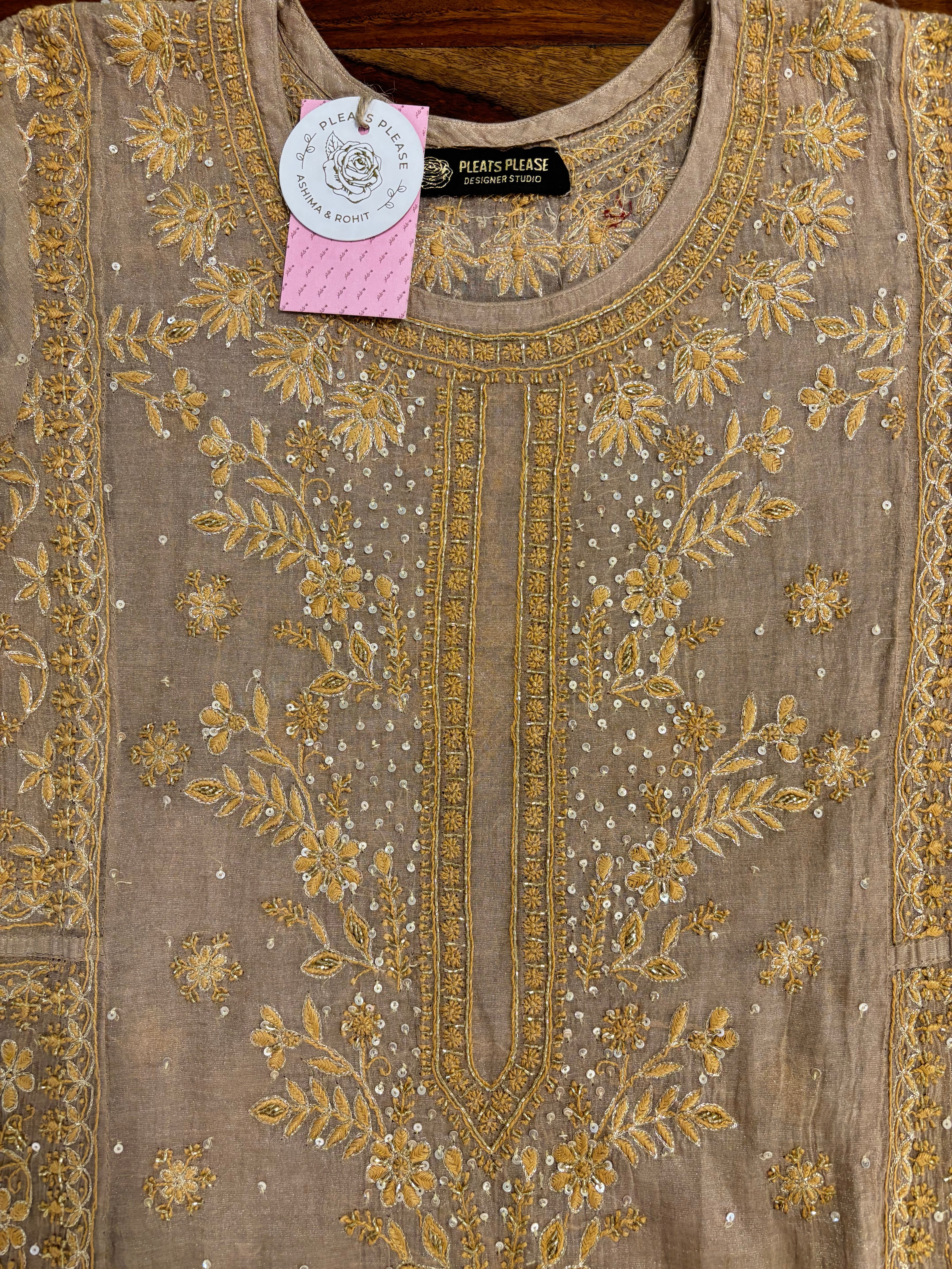 Rosewood Taupe Pure & Premium Tissue Chikankari A line Anarkali & Dupatta